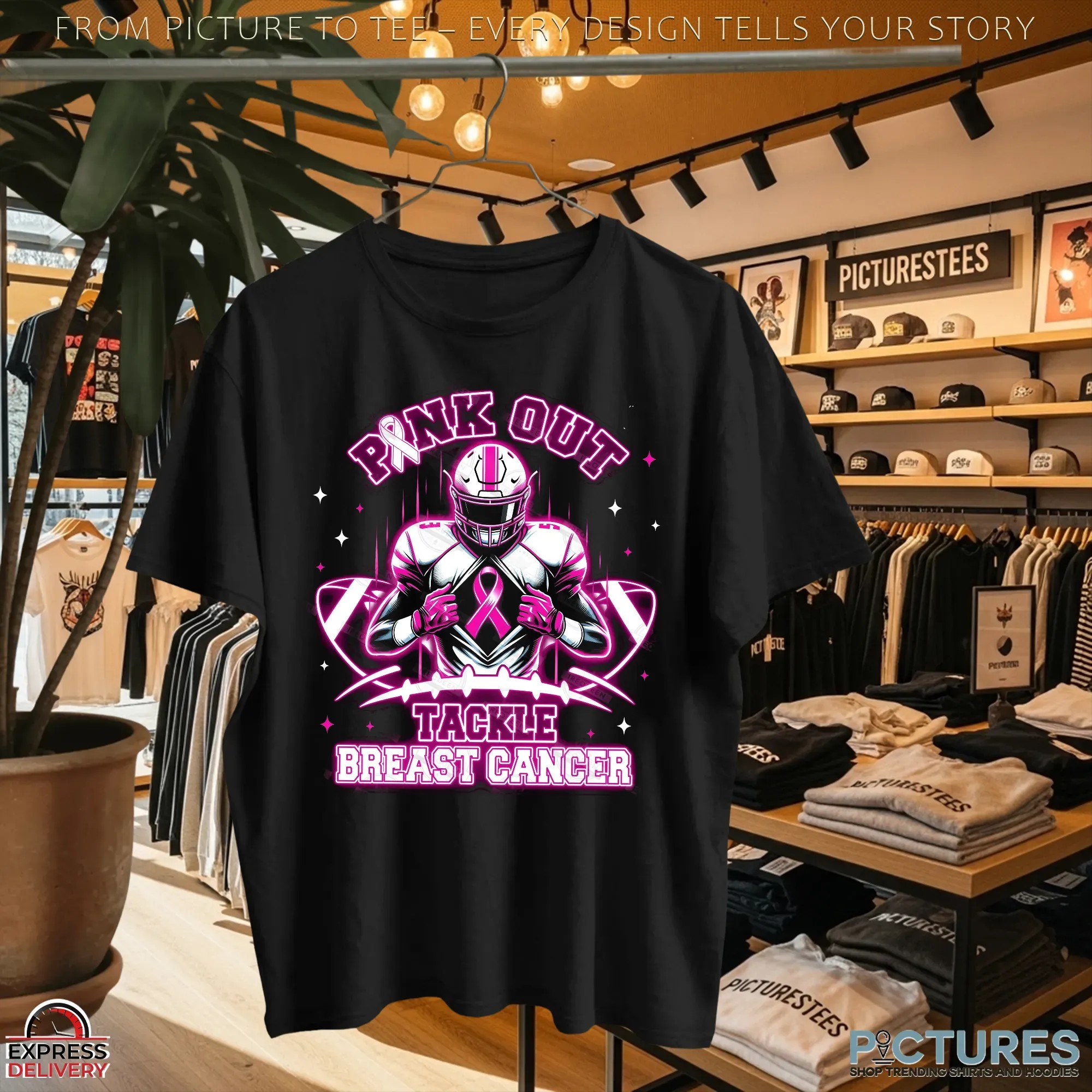Neon Pink Out Tackle Breast Cancer Football Pink Ribbon T Shirt
