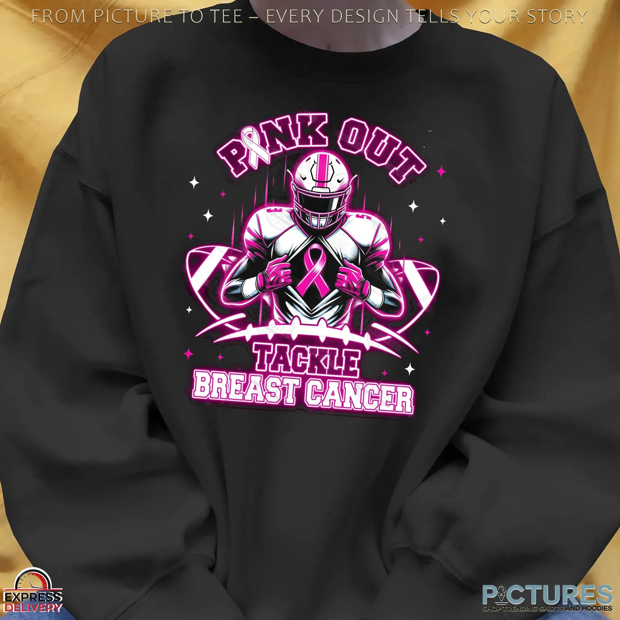 Neon Pink Out Tackle Breast Cancer Football Pink Ribbon T Shirt