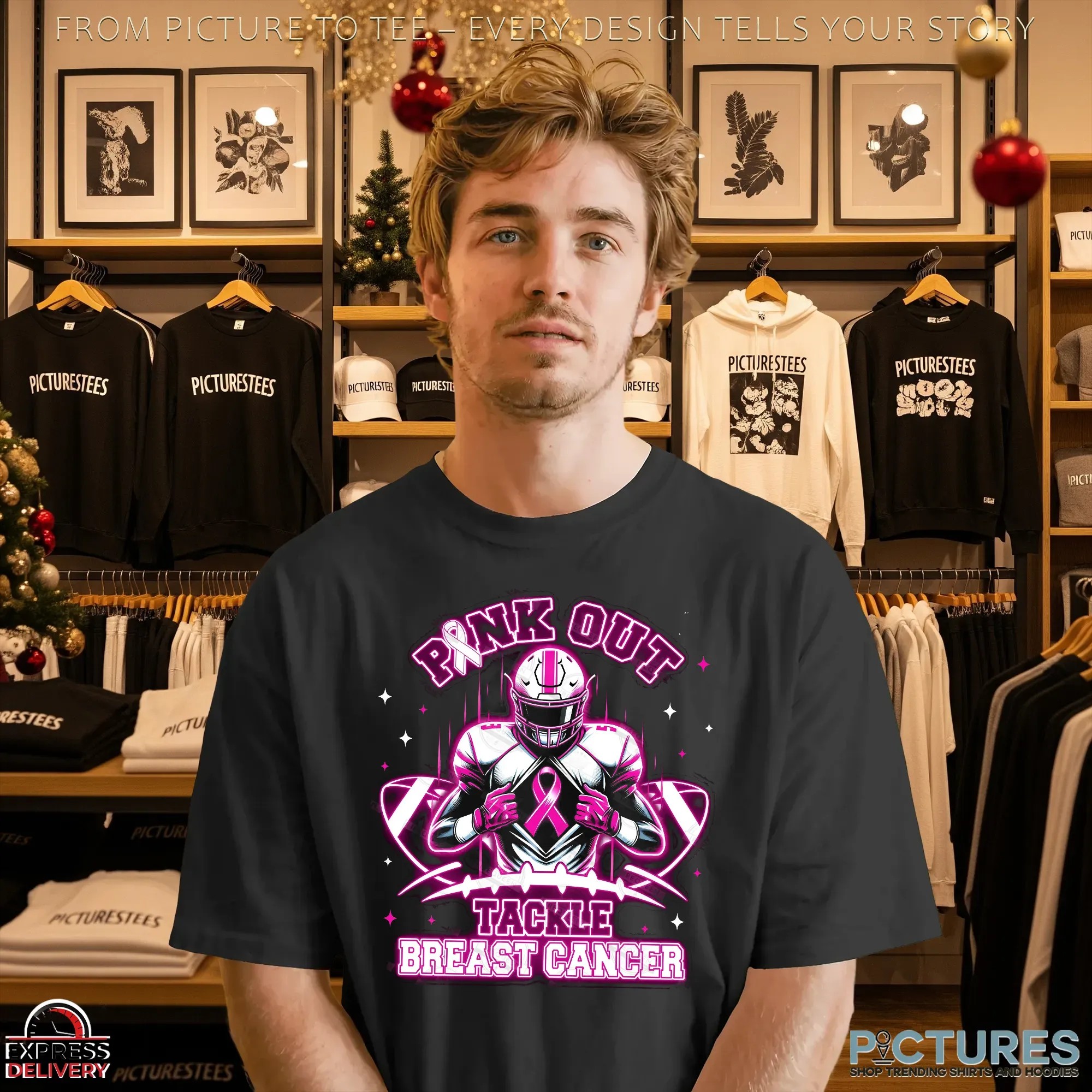 Neon Pink Out Tackle Breast Cancer Football Pink Ribbon T Shirt
