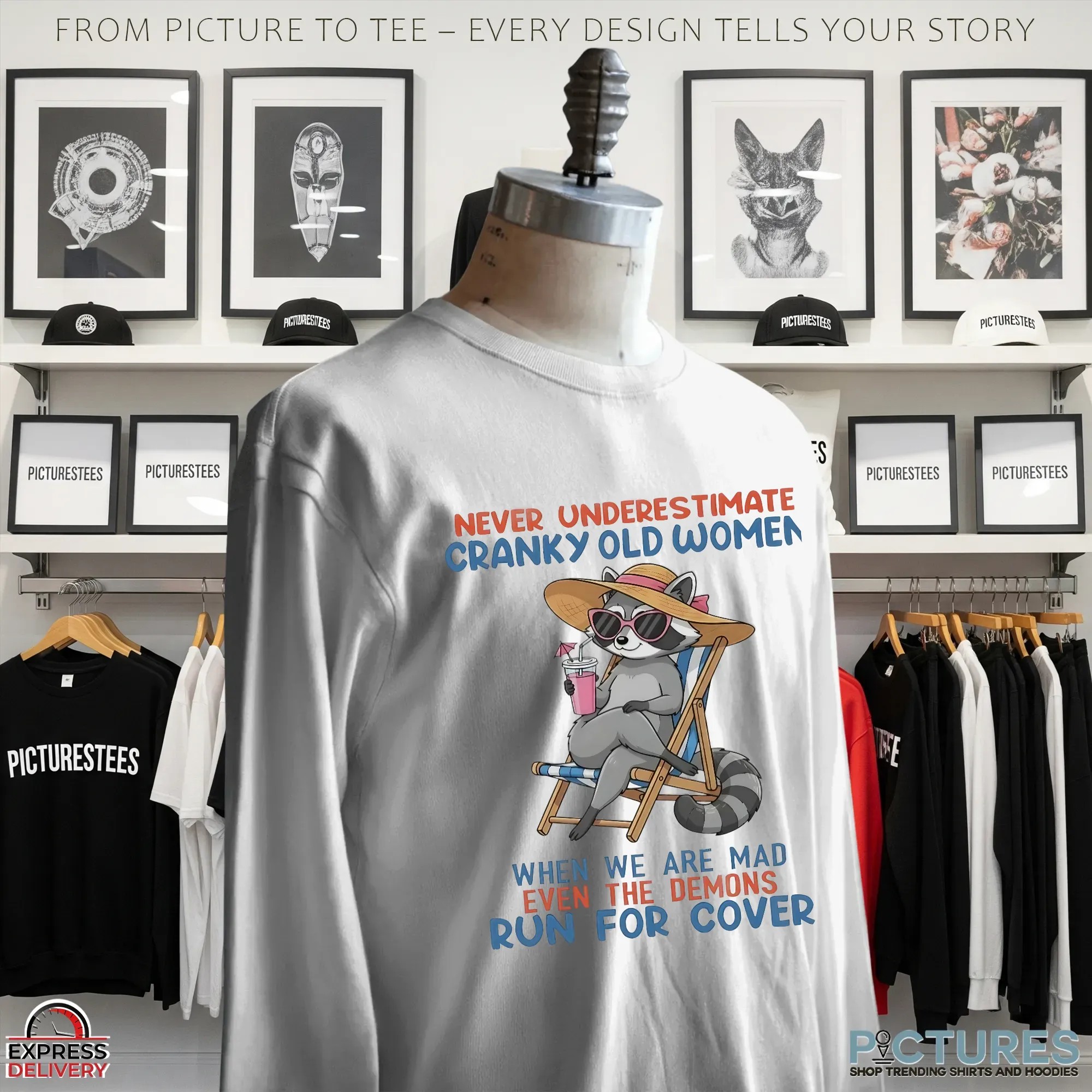 Raccoon Never Underestimate Cranky Old Women When We Are Mad Even The Demons Run For Cover Statement T Shirt