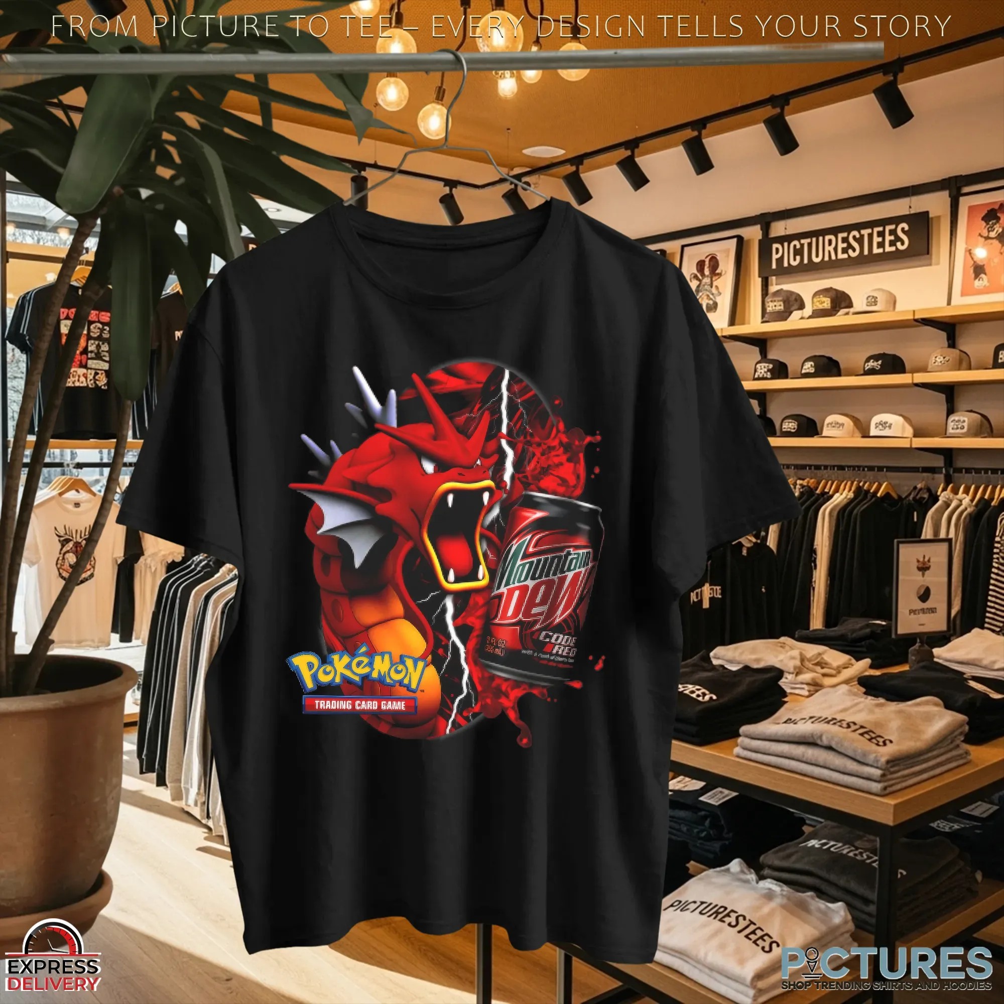 Red Gyarados Pokémon Mountain Dew Retro Parody Code Red Soda and Trading Card Game Style T Shirt