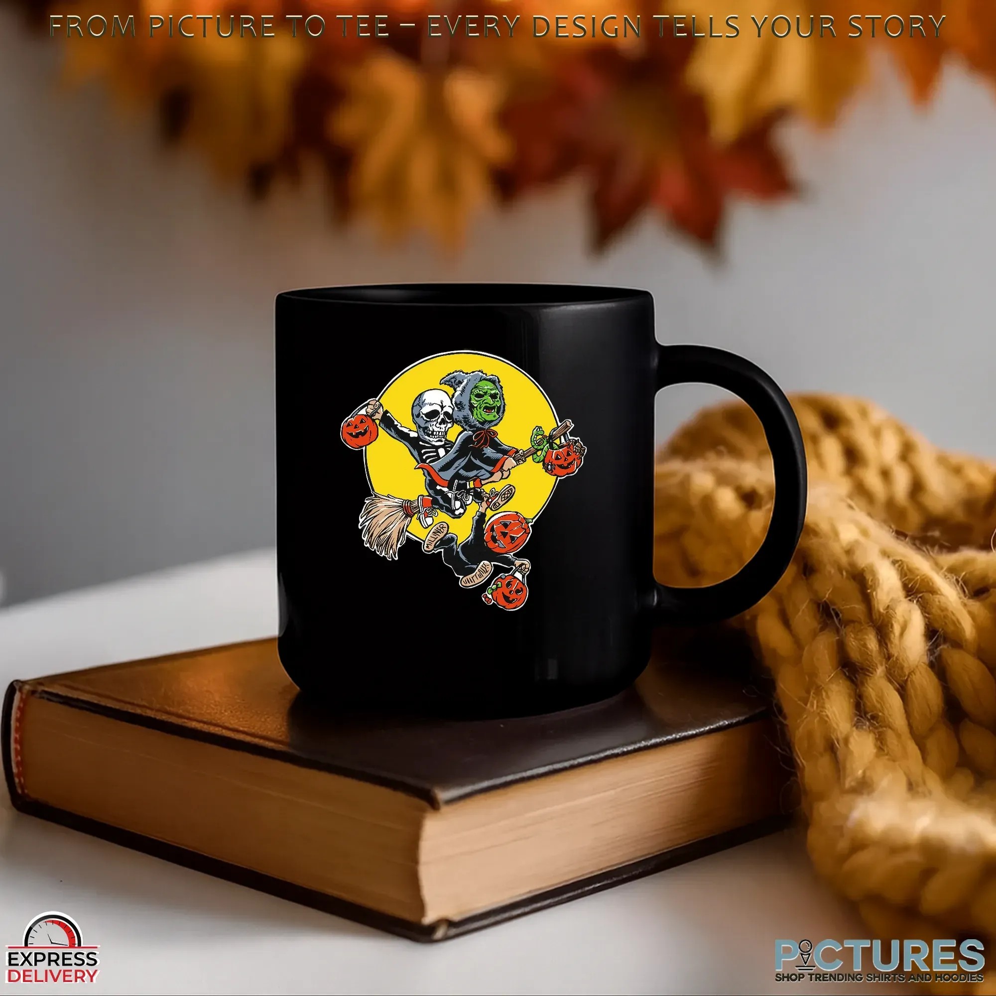 Skeleton and Witch Jack O’Lantern Pumpkins and Full Moon Spooky Halloween Graphic T Shirt