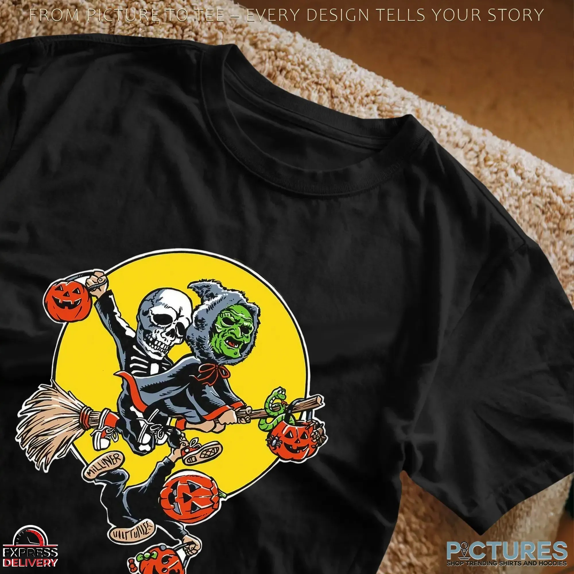 Skeleton and Witch Jack O’Lantern Pumpkins and Full Moon Spooky Halloween Graphic T Shirt