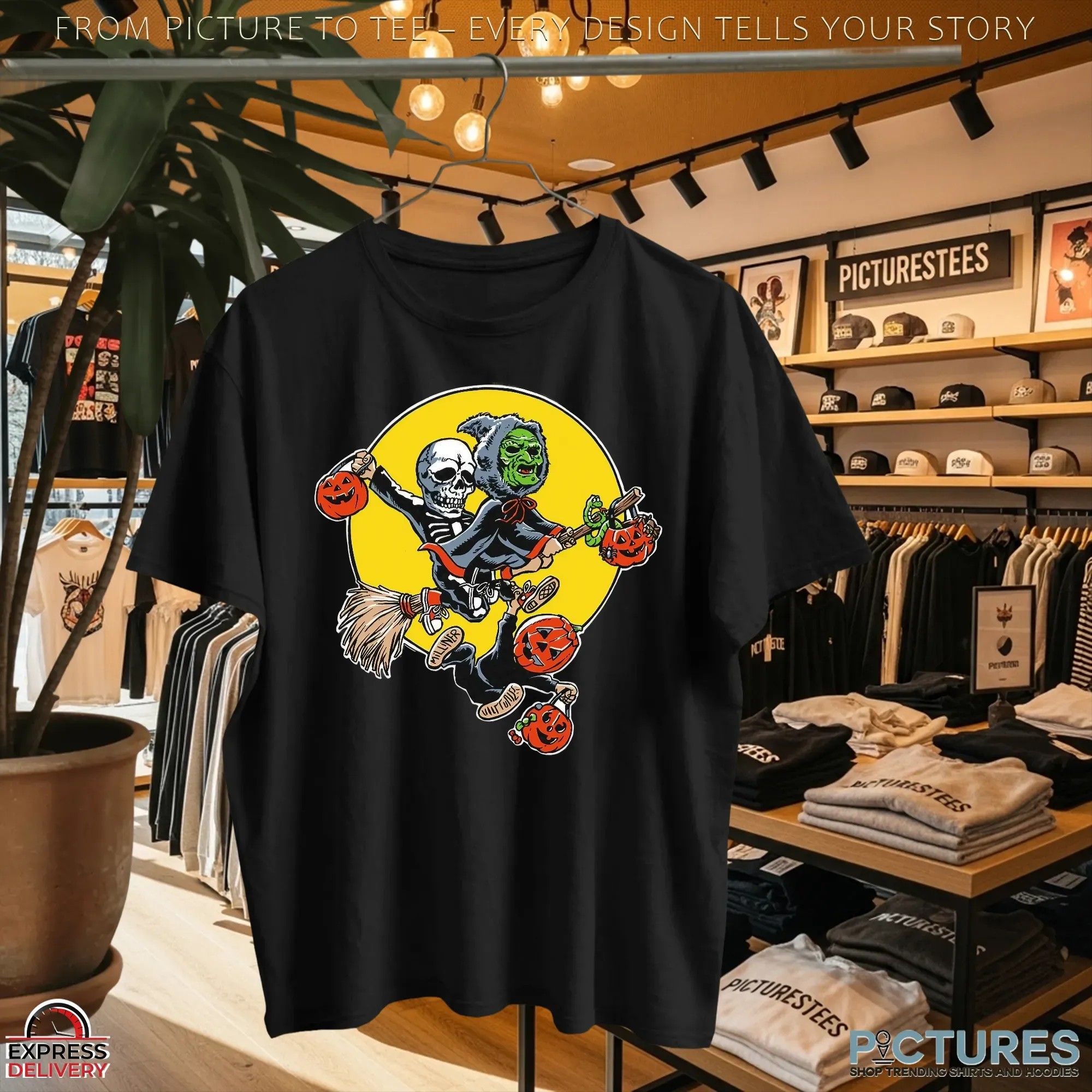 Skeleton and Witch Jack O’Lantern Pumpkins and Full Moon Spooky Halloween Graphic T Shirt
