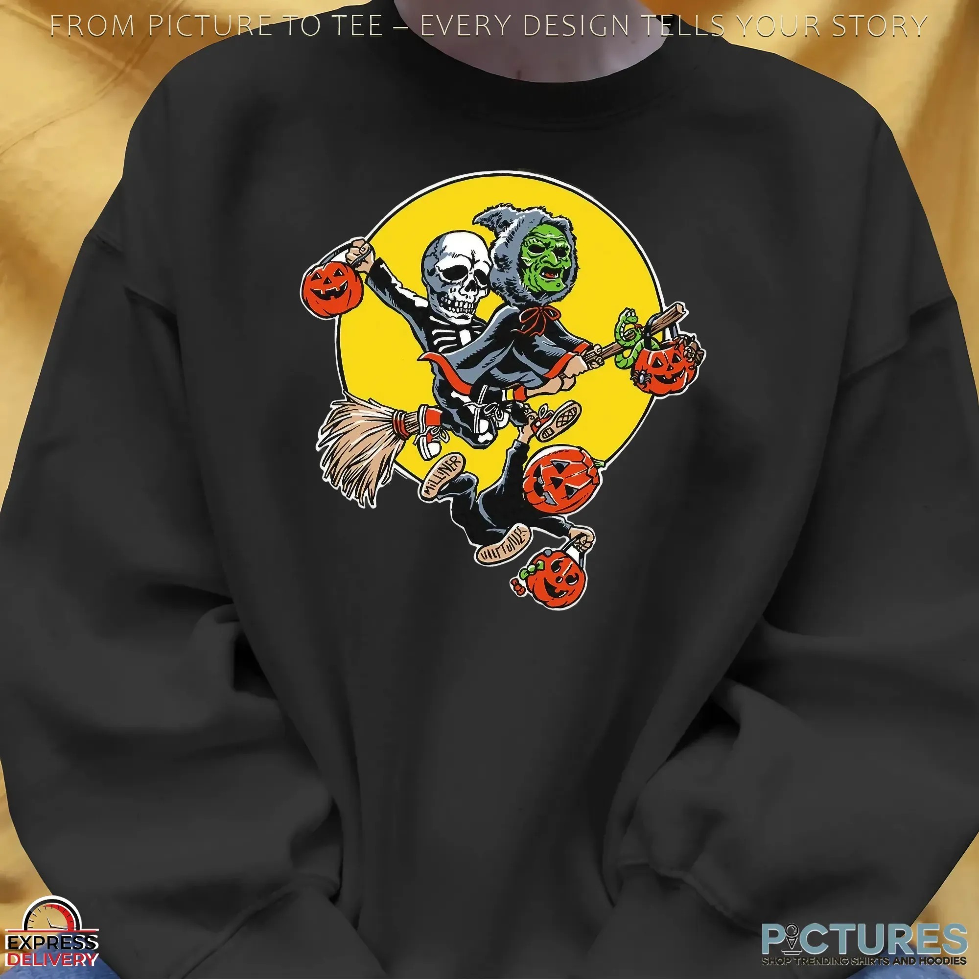 Skeleton and Witch Jack O’Lantern Pumpkins and Full Moon Spooky Halloween Graphic T Shirt