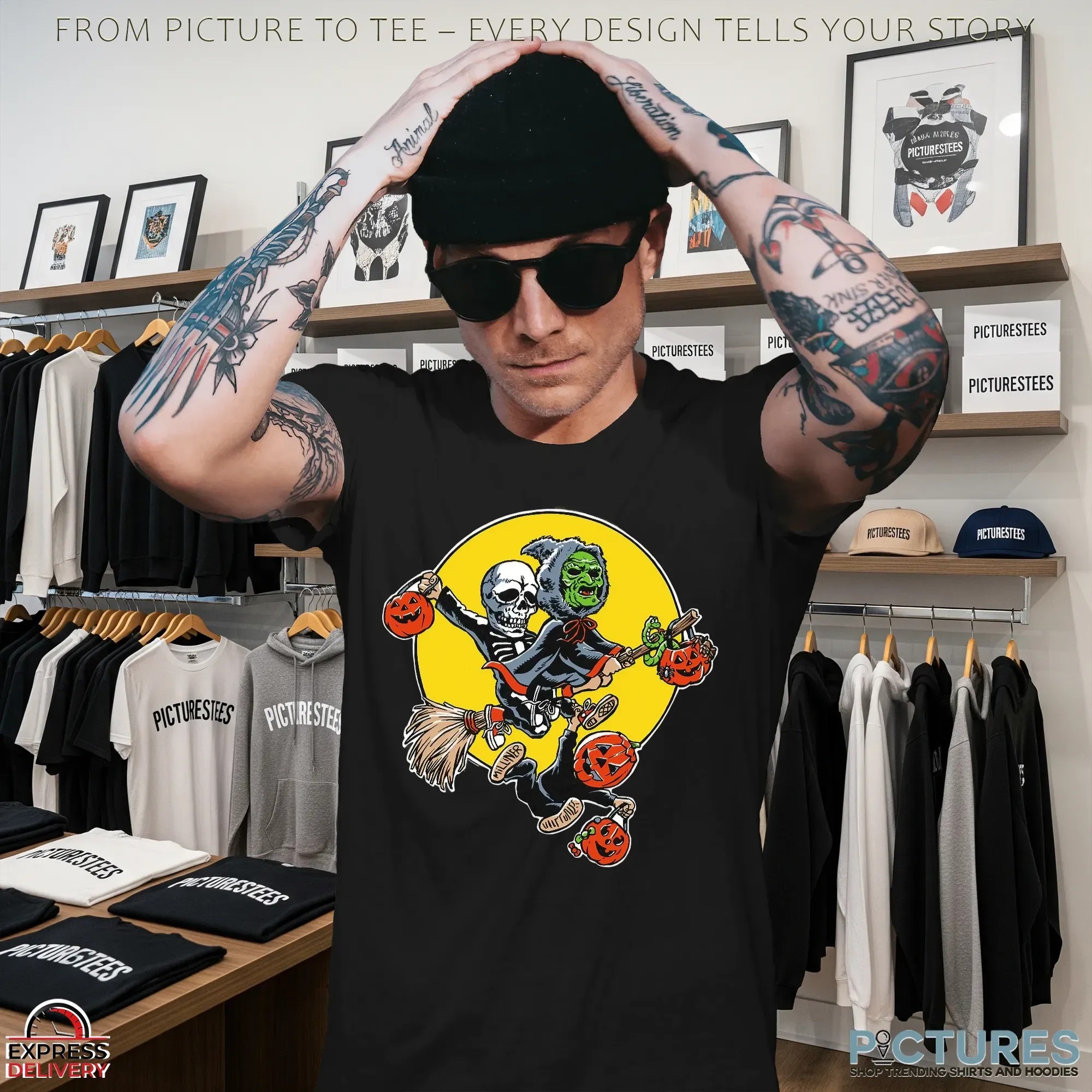 Skeleton and Witch Jack O’Lantern Pumpkins and Full Moon Spooky Halloween Graphic T Shirt