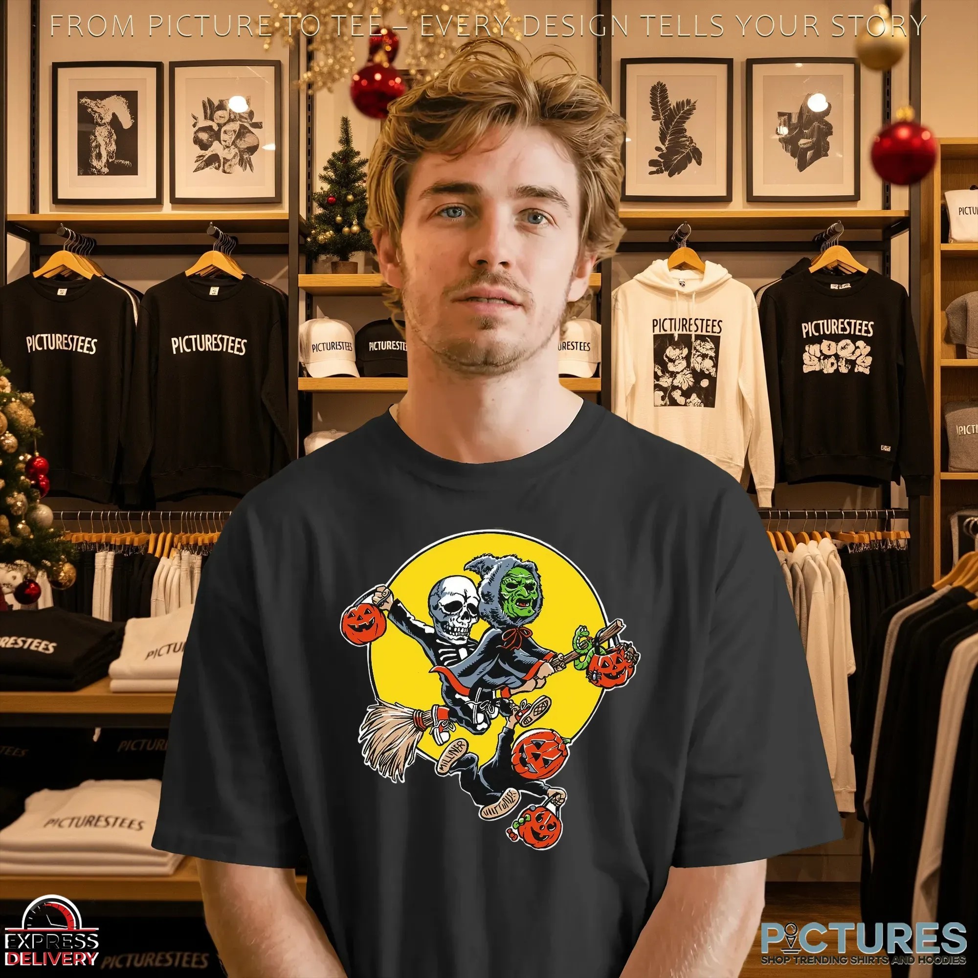 Skeleton and Witch Jack O’Lantern Pumpkins and Full Moon Spooky Halloween Graphic T Shirt
