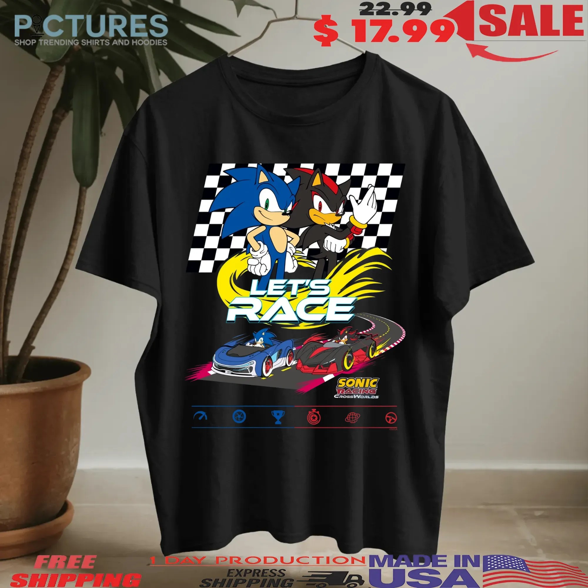 Sonic and Shadow Racing Let’s Race Sonic Racing Crossworlds Checkered Flag Video Game Graphic T Shirt