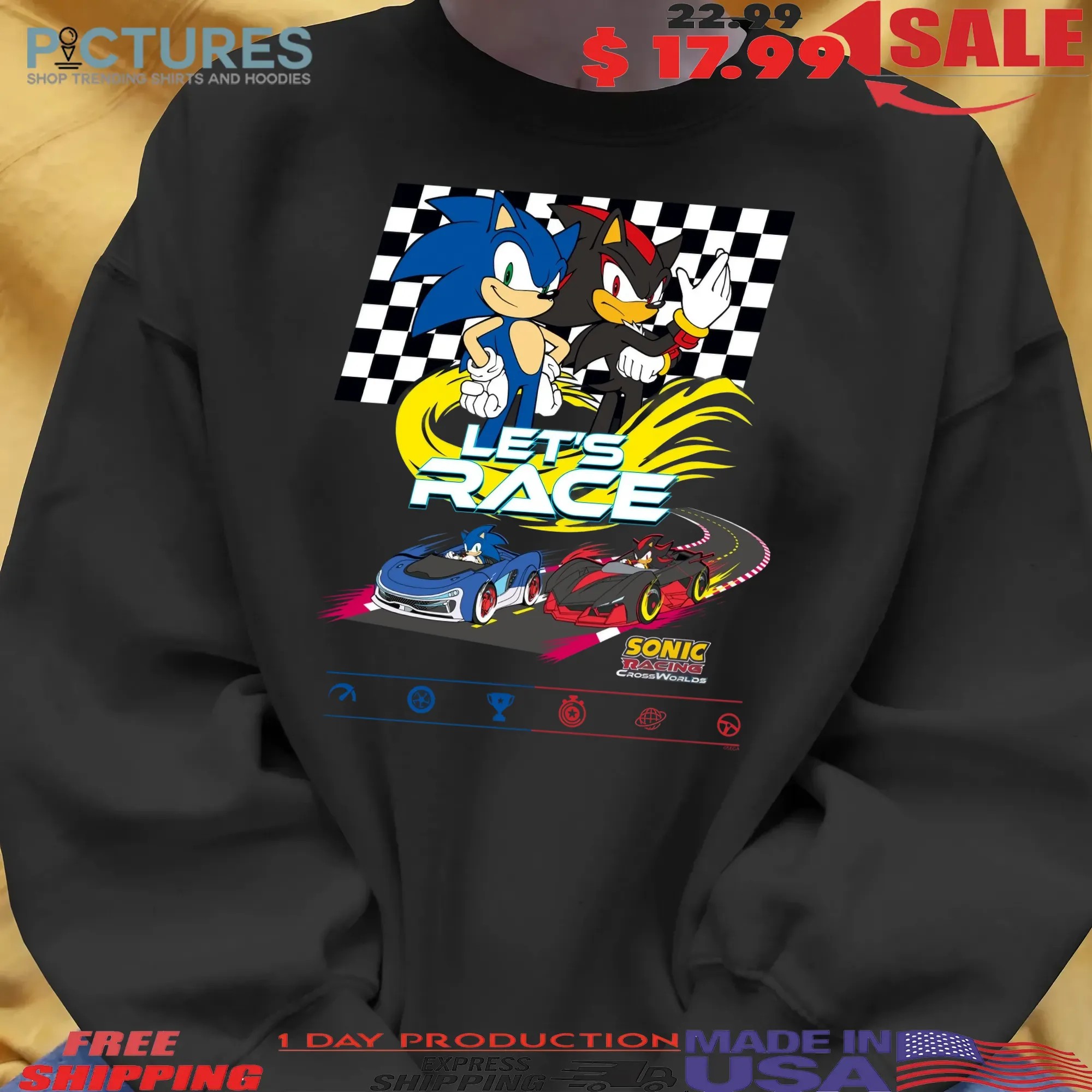 Sonic and Shadow Racing Let’s Race Sonic Racing Crossworlds Checkered Flag Video Game Graphic T Shirt
