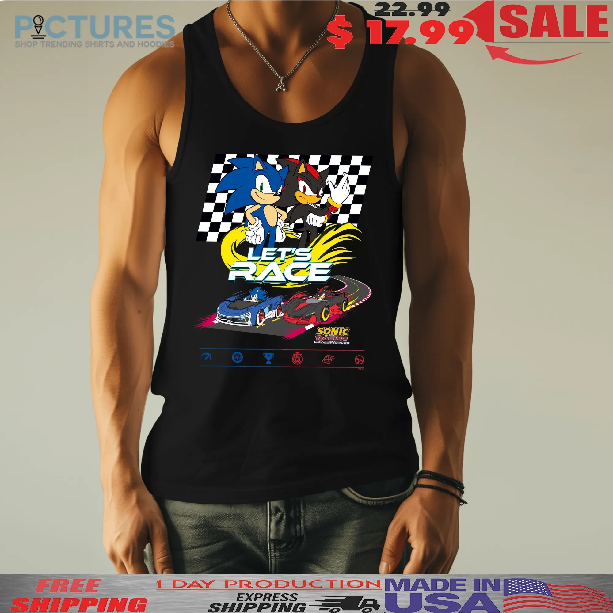Sonic and Shadow Racing Let’s Race Sonic Racing Crossworlds Checkered Flag Video Game Graphic T Shirt