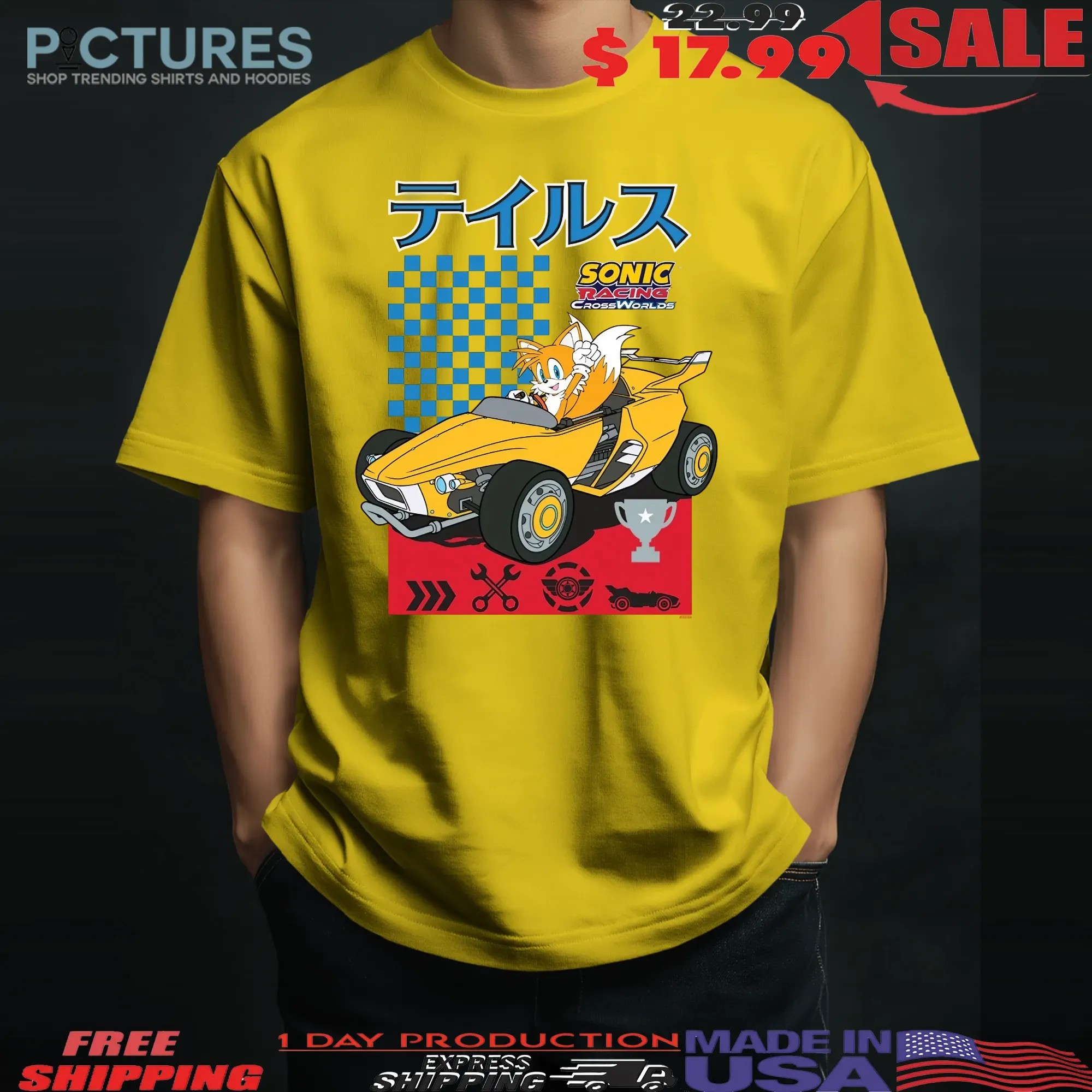 Tails Racing Car Sonic Racing Crossworlds Yellow Graphic T Shirt