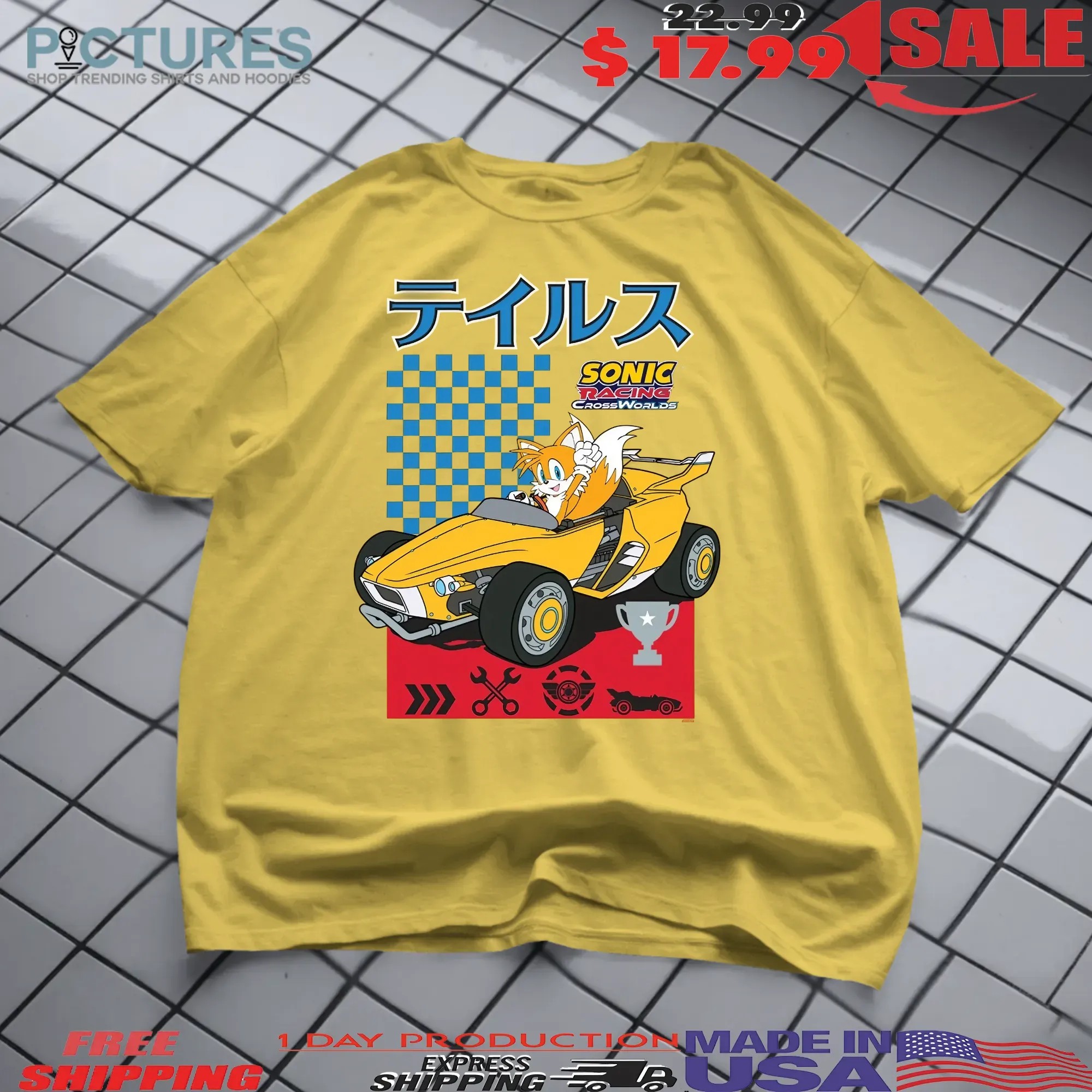 Tails Racing Car Sonic Racing Crossworlds Yellow Graphic T Shirt