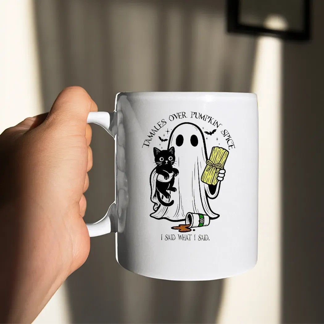 Tamales Over Pumpkin Spice I Said What I Said Halloween Ghost Holding Black Cat T Shirt