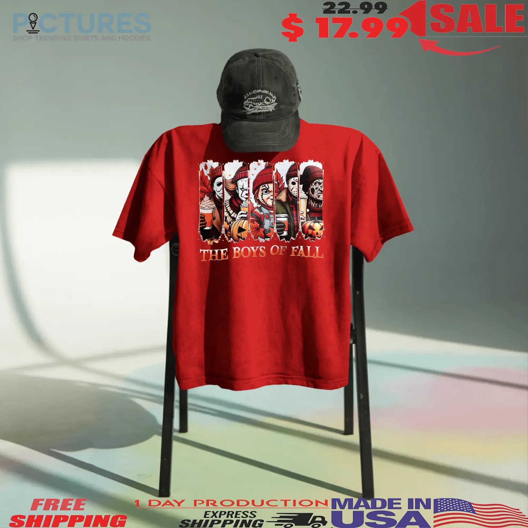 The Boys of Fall Horror Movie Characters Michael Myers, Pennywise, Chucky, Jason, Freddy Autumn Coffee Graphic Halloween T Shirt
