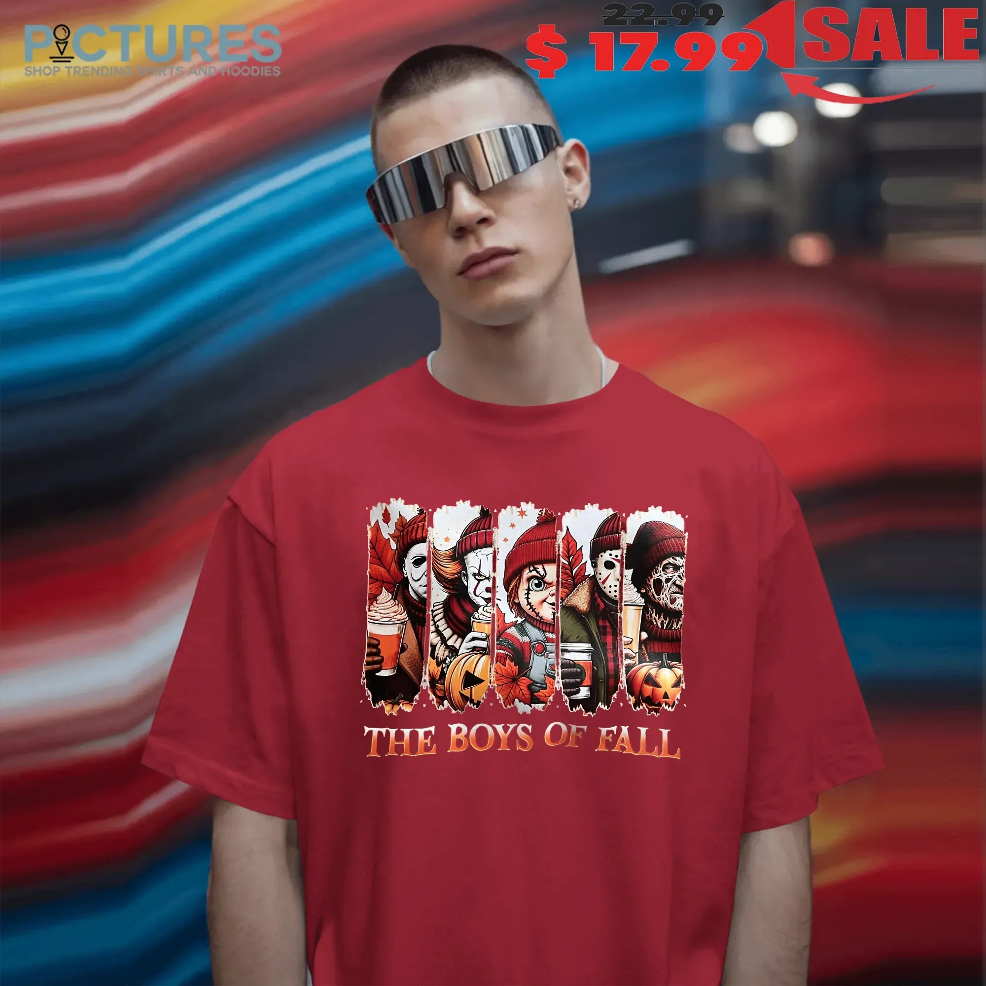 The Boys of Fall Horror Movie Characters Michael Myers, Pennywise, Chucky, Jason, Freddy Autumn Coffee Graphic Halloween T Shirt
