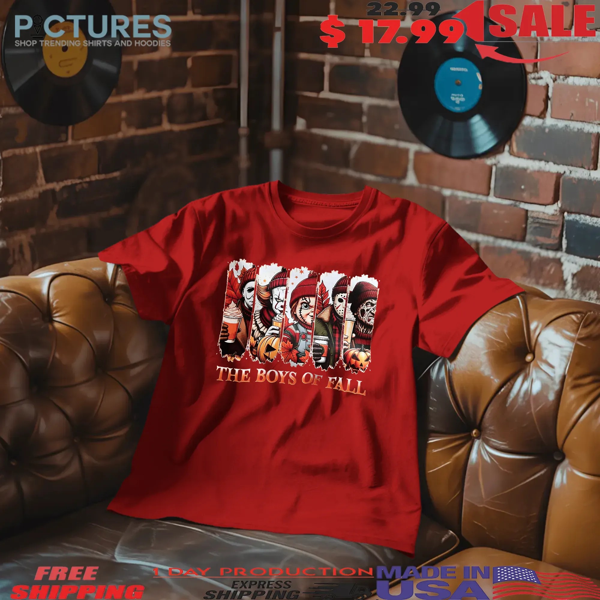 The Boys of Fall Horror Movie Characters Michael Myers, Pennywise, Chucky, Jason, Freddy Autumn Coffee Graphic Halloween T Shirt