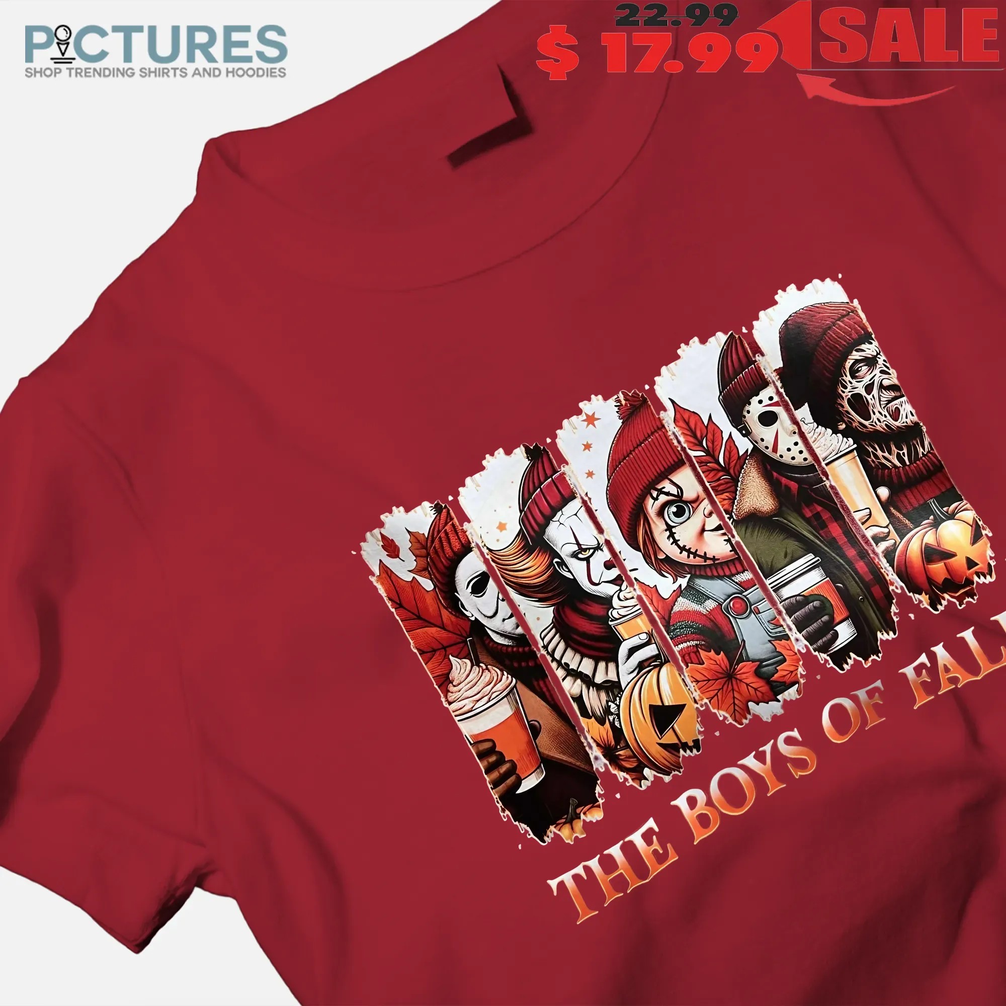 The Boys of Fall Horror Movie Characters Michael Myers, Pennywise, Chucky, Jason, Freddy Autumn Coffee Graphic Halloween T Shirt