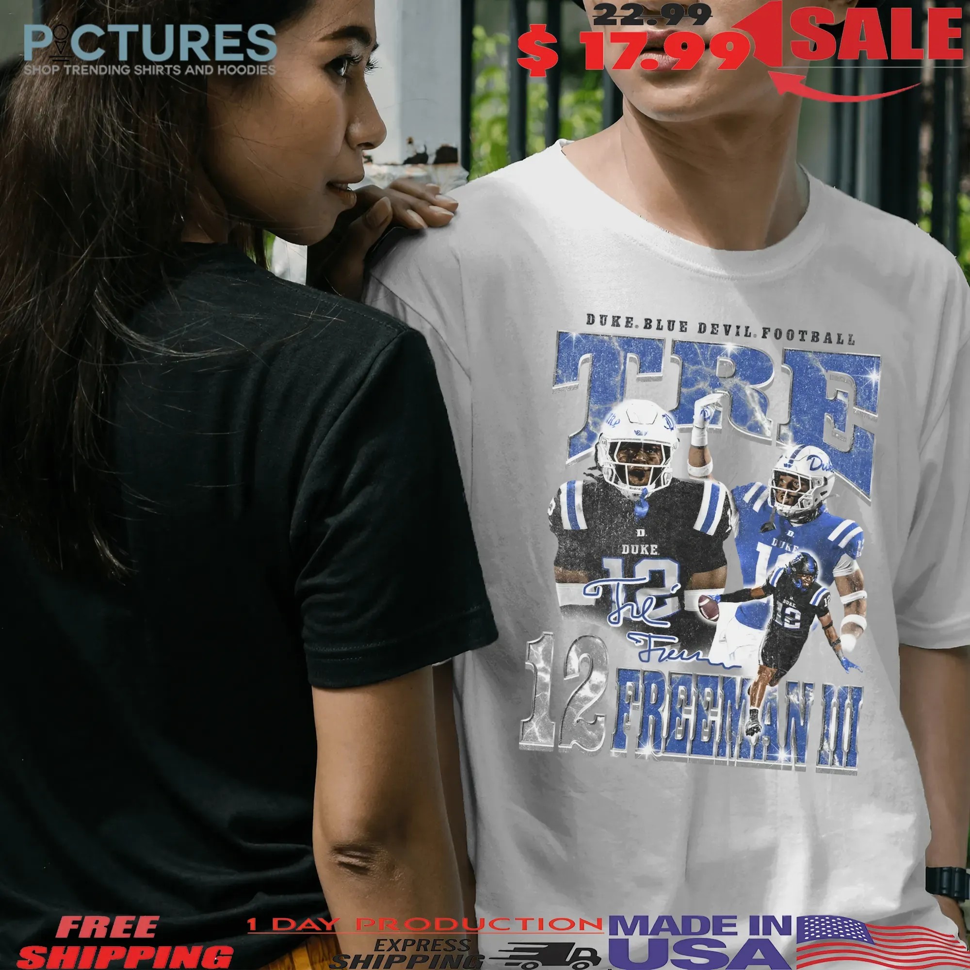 Tre Freeman Iii 12 Duke Blue Devils Football Player Vintage Bootleg Signature T Shirt