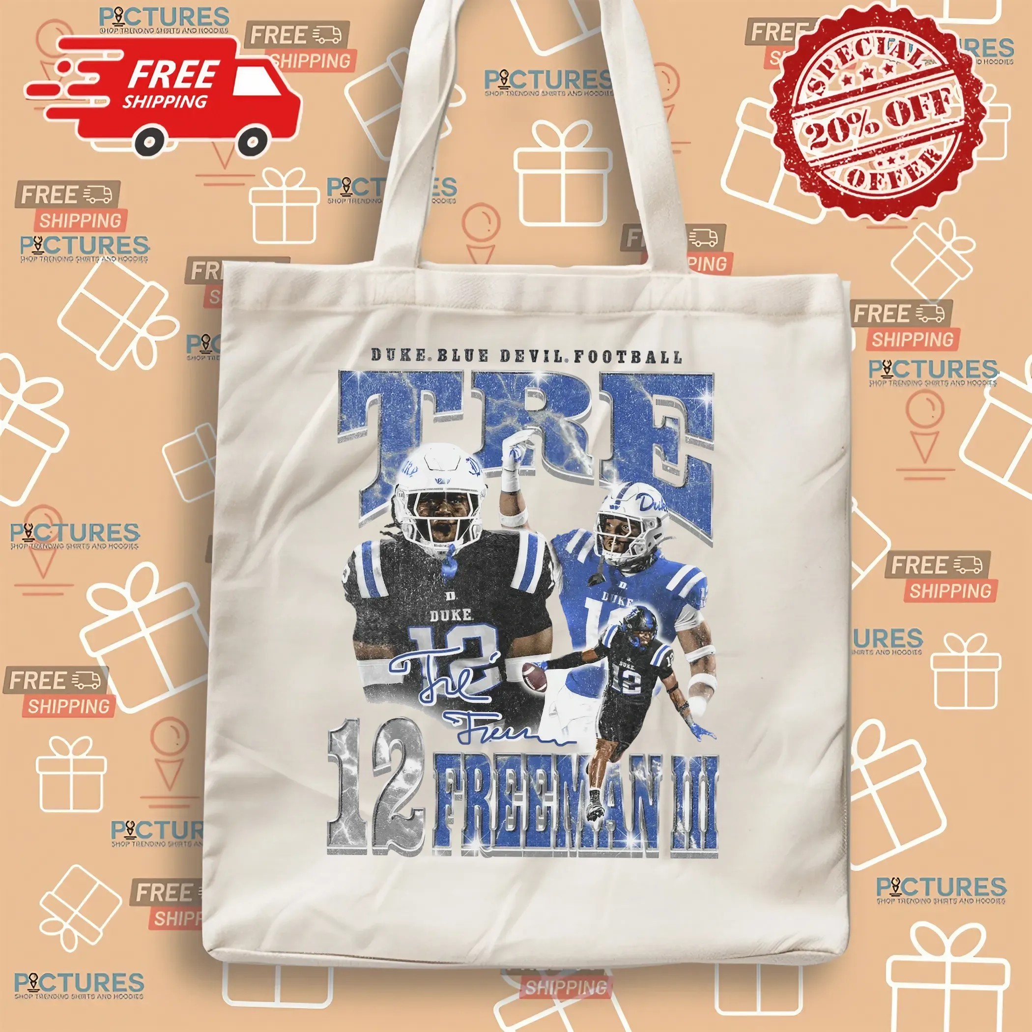 Tre Freeman Iii 12 Duke Blue Devils Football Player Vintage Bootleg Signature T Shirt
