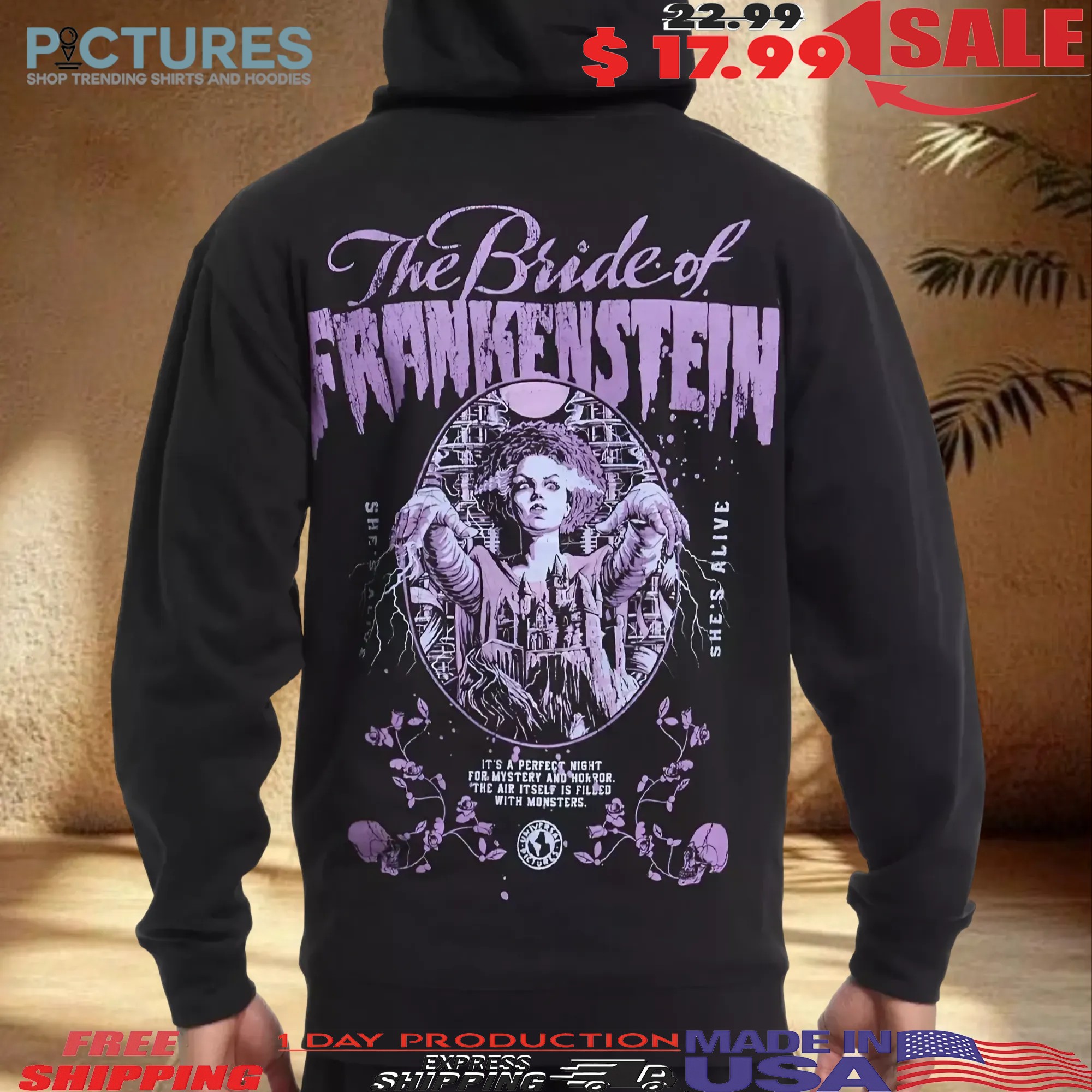 Universal Monsters The Bride Of Frankenstein It's A Perfect Night For Mystery And Horror Halloween T Shirt