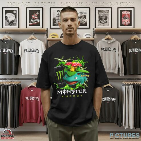 Venusaur and Pikachu Pokémon Monster Energy Gaming and Anime Mashup T Shirt