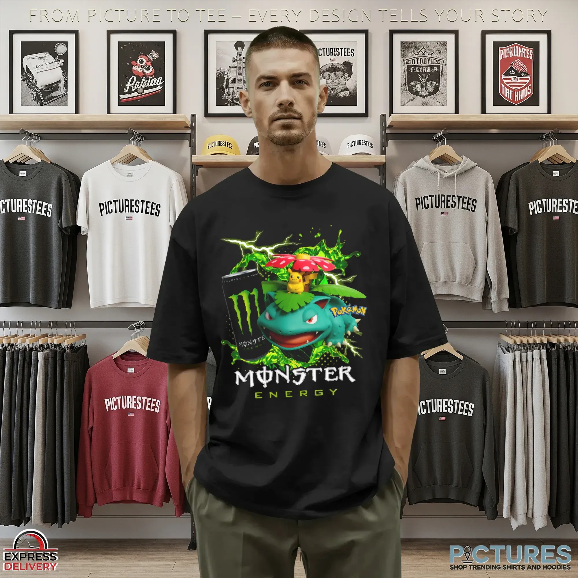 Venusaur and Pikachu Pokémon Monster Energy Gaming and Anime Mashup T Shirt