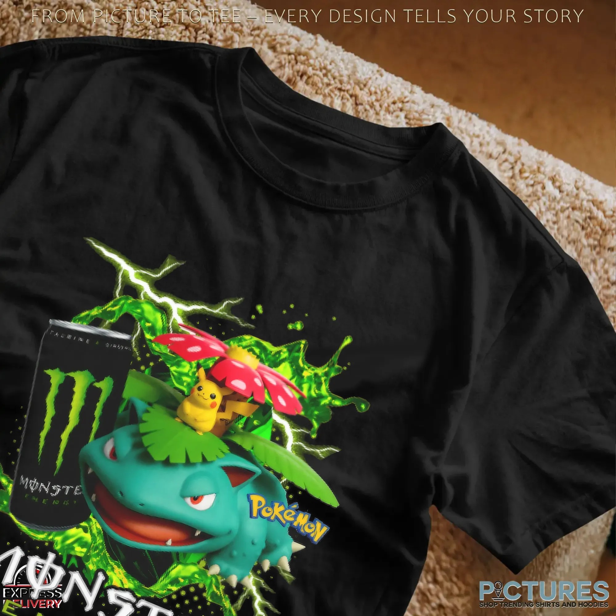Venusaur and Pikachu Pokémon Monster Energy Gaming and Anime Mashup T Shirt
