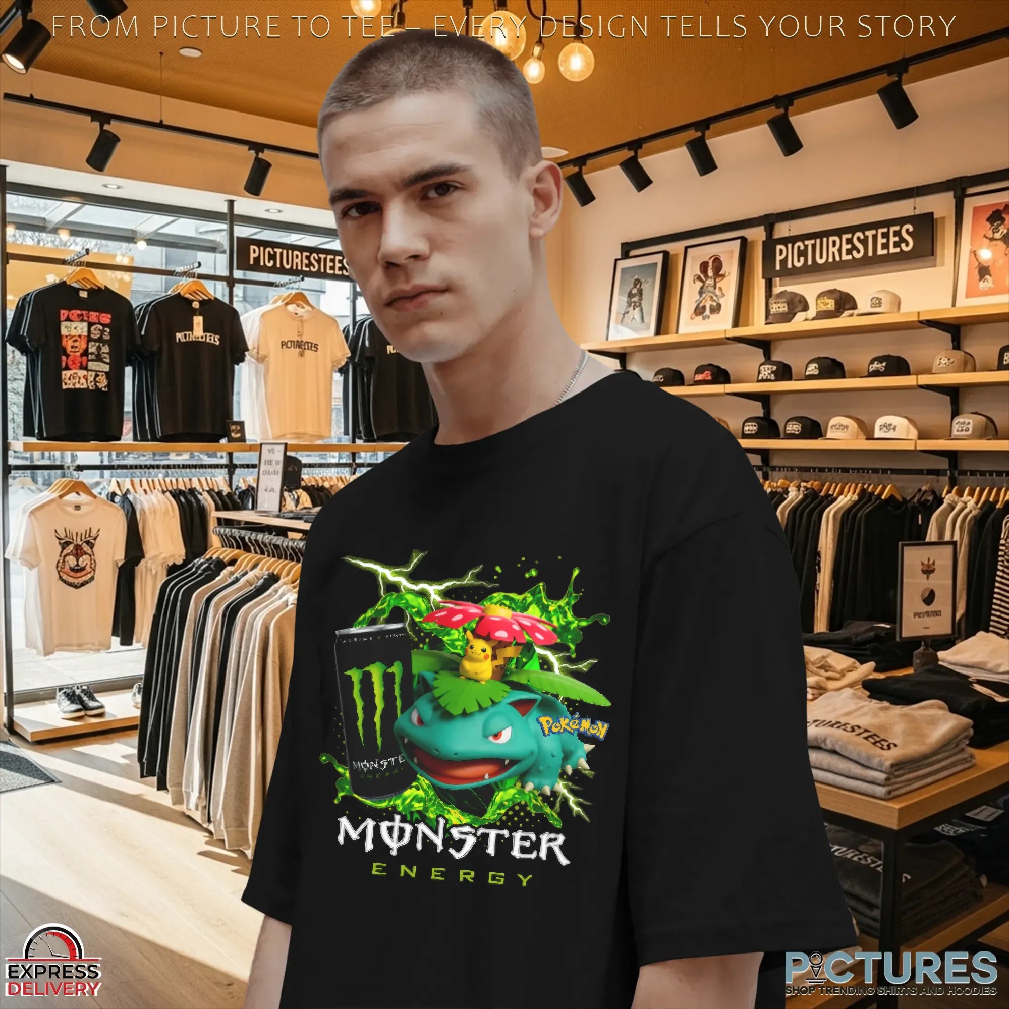 Venusaur and Pikachu Pokémon Monster Energy Gaming and Anime Mashup T Shirt