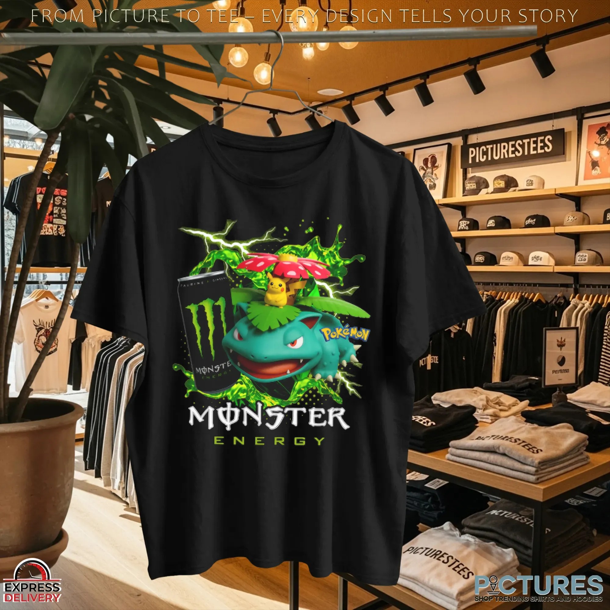 Venusaur and Pikachu Pokémon Monster Energy Gaming and Anime Mashup T Shirt