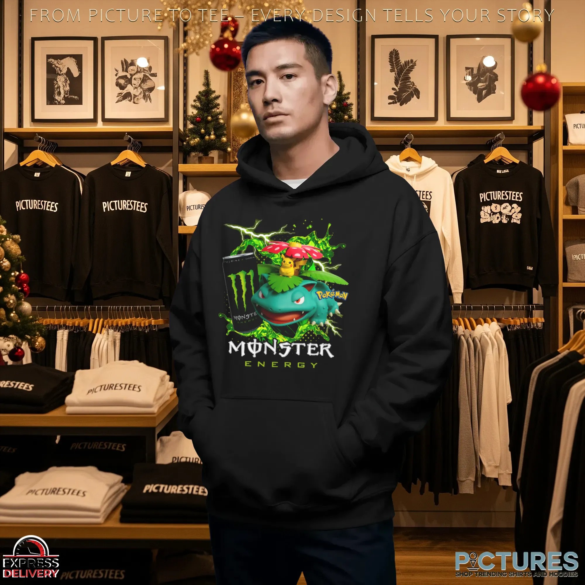 Venusaur and Pikachu Pokémon Monster Energy Gaming and Anime Mashup T Shirt