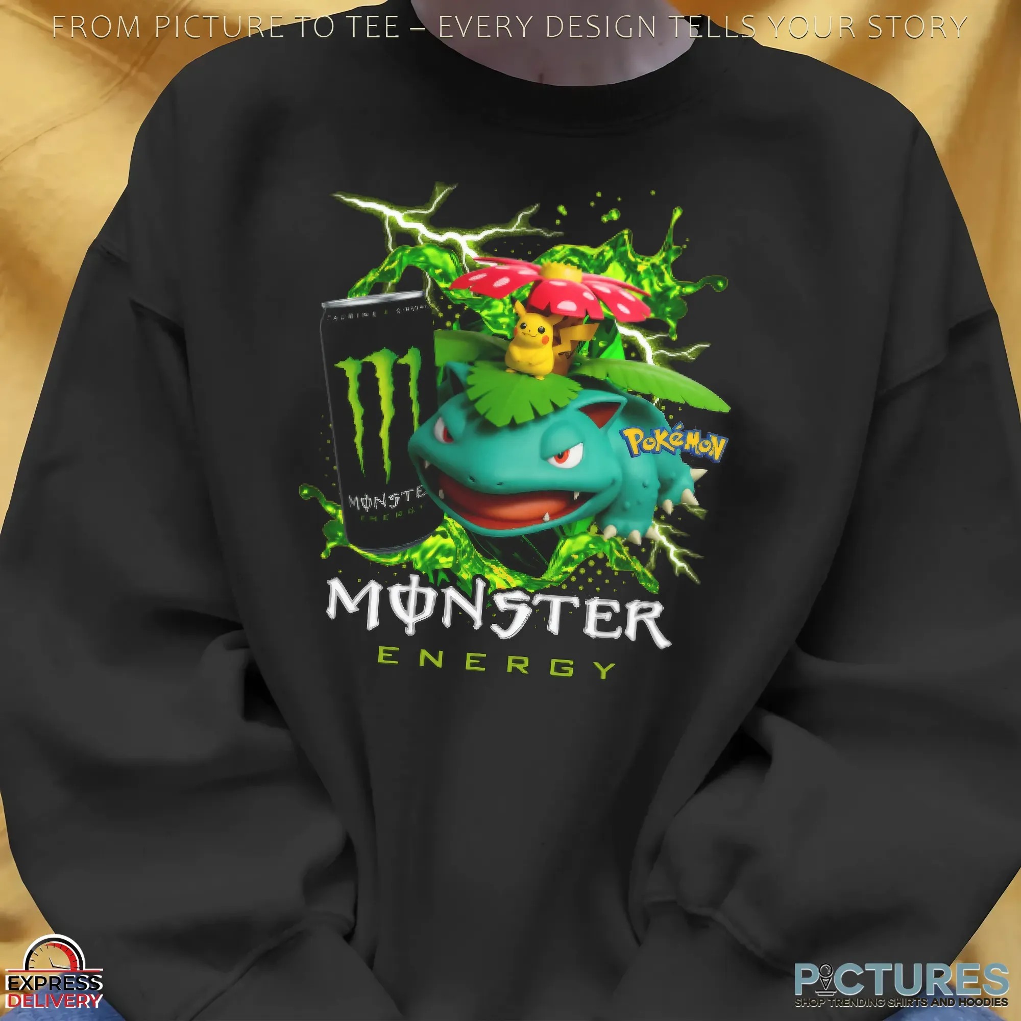 Venusaur and Pikachu Pokémon Monster Energy Gaming and Anime Mashup T Shirt