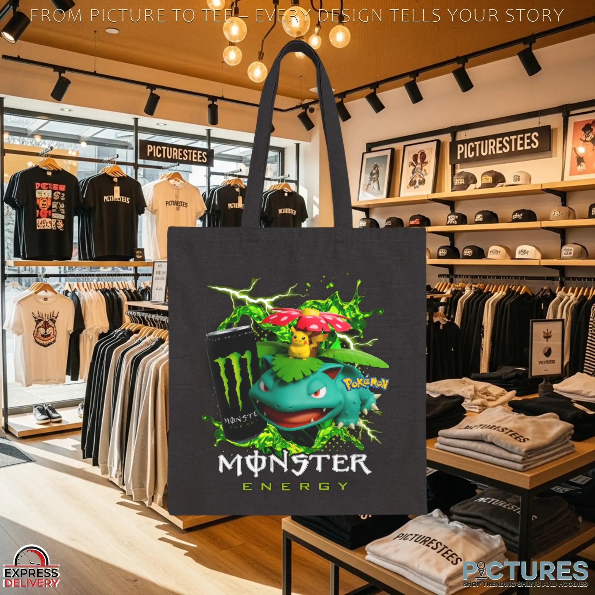 Venusaur and Pikachu Pokémon Monster Energy Gaming and Anime Mashup T Shirt