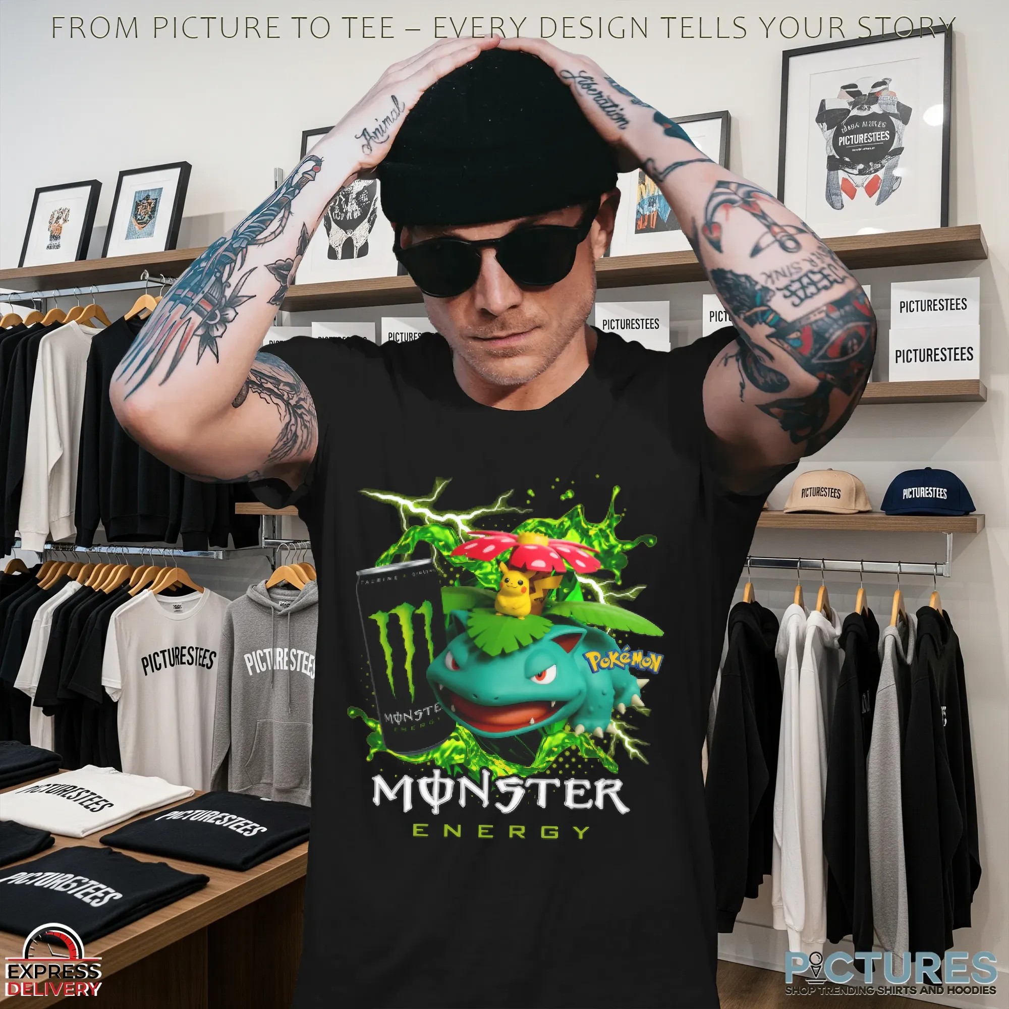 Venusaur and Pikachu Pokémon Monster Energy Gaming and Anime Mashup T Shirt
