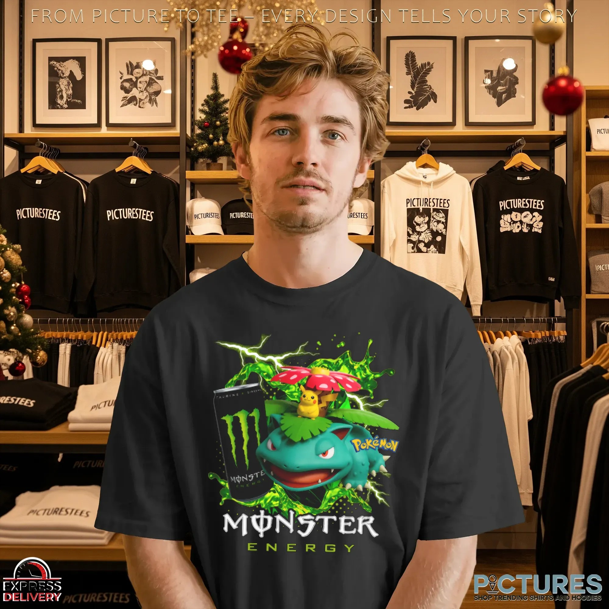 Venusaur and Pikachu Pokémon Monster Energy Gaming and Anime Mashup T Shirt