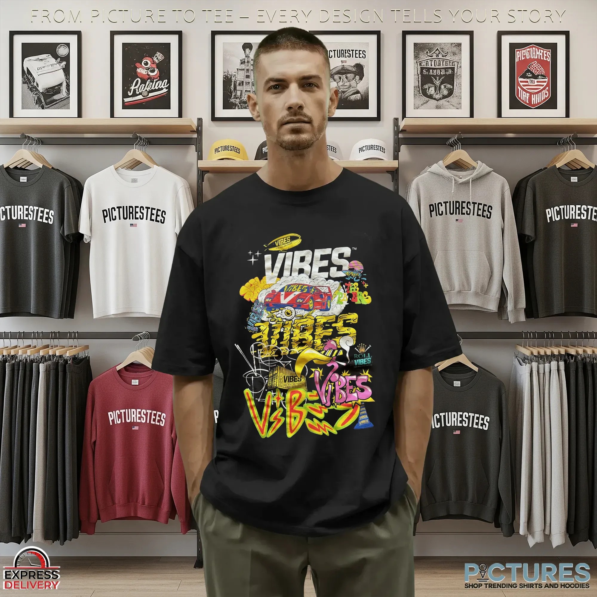 Vibes Rolling Papers Graffiti Streetwear Colorful Urban Retro Car, Smoke Art and Neon Hip-Hop Style Graphic T Shirt