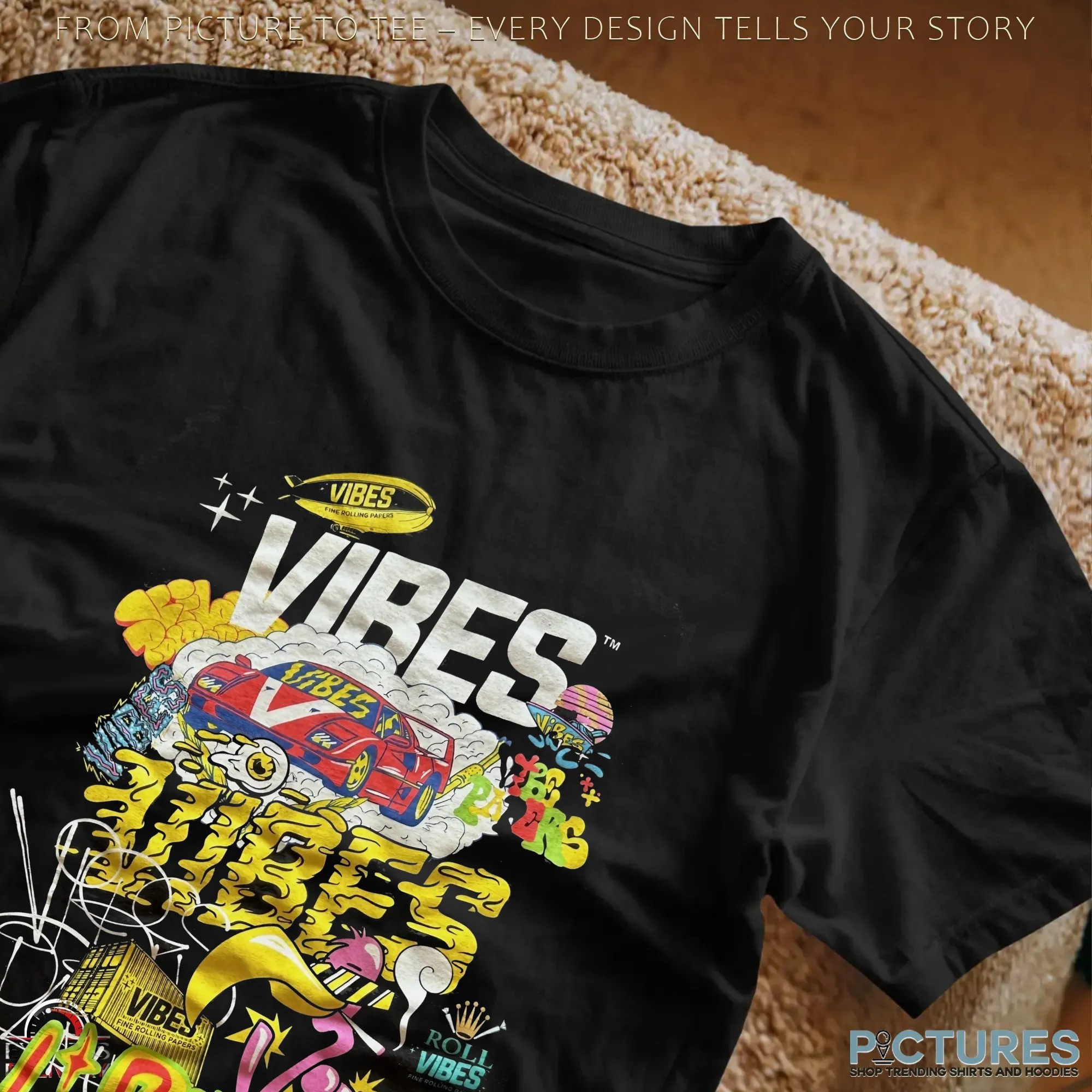 Vibes Rolling Papers Graffiti Streetwear Colorful Urban Retro Car, Smoke Art and Neon Hip-Hop Style Graphic T Shirt