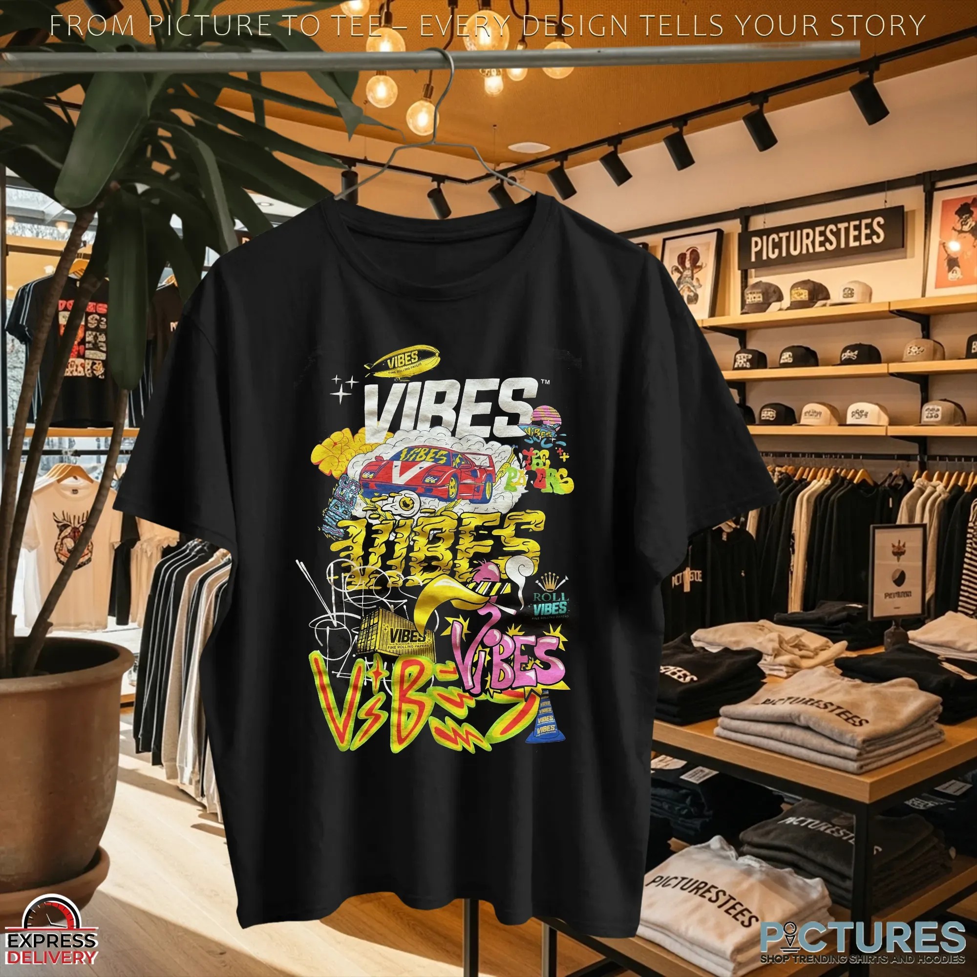 Vibes Rolling Papers Graffiti Streetwear Colorful Urban Retro Car, Smoke Art and Neon Hip-Hop Style Graphic T Shirt