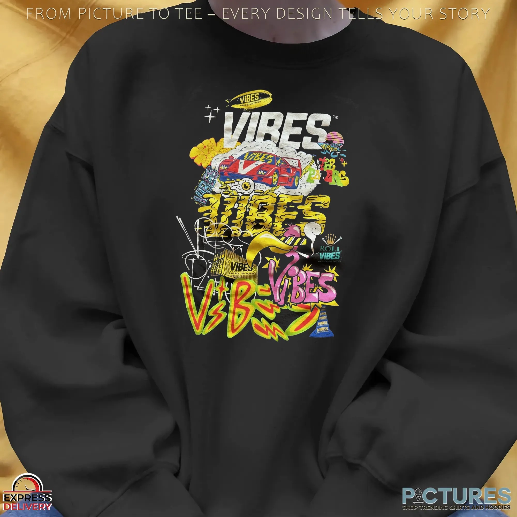 Vibes Rolling Papers Graffiti Streetwear Colorful Urban Retro Car, Smoke Art and Neon Hip-Hop Style Graphic T Shirt