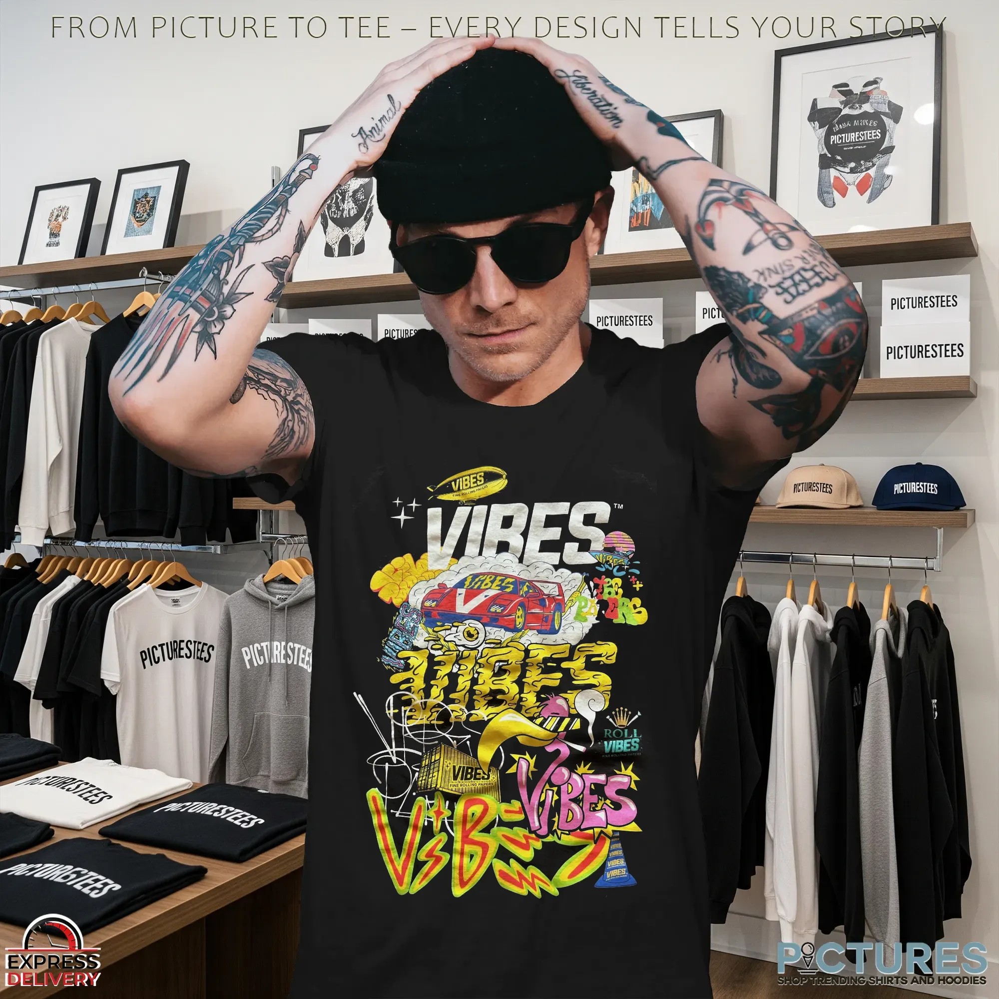 Vibes Rolling Papers Graffiti Streetwear Colorful Urban Retro Car, Smoke Art and Neon Hip-Hop Style Graphic T Shirt