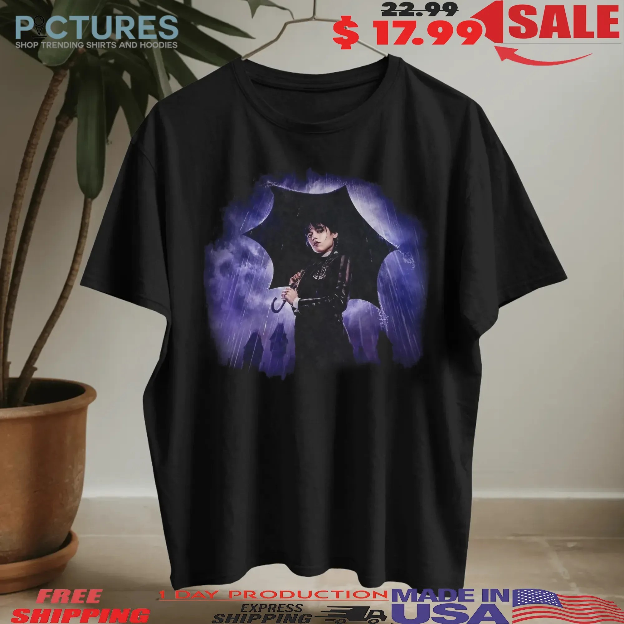 Wednesday Addams Gothic Umbrella Rain Dark Aesthetic Halloween T Shirt