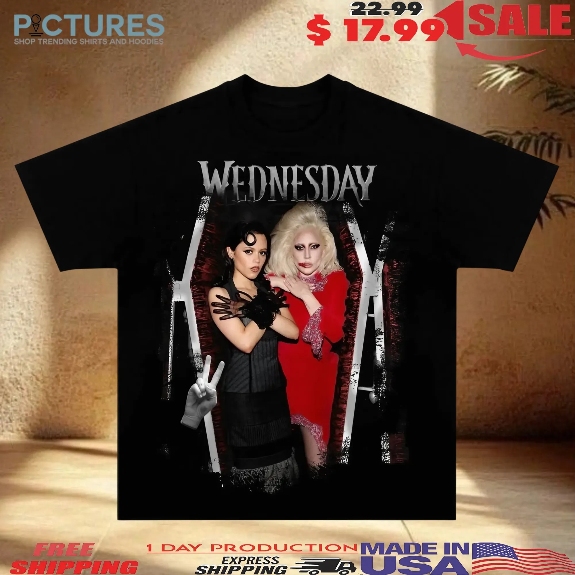 Wednesday Season 2 Addams Lady Gaga Jenna Ortega Parody Gothic Horror Pop Music Mashup T Shirt