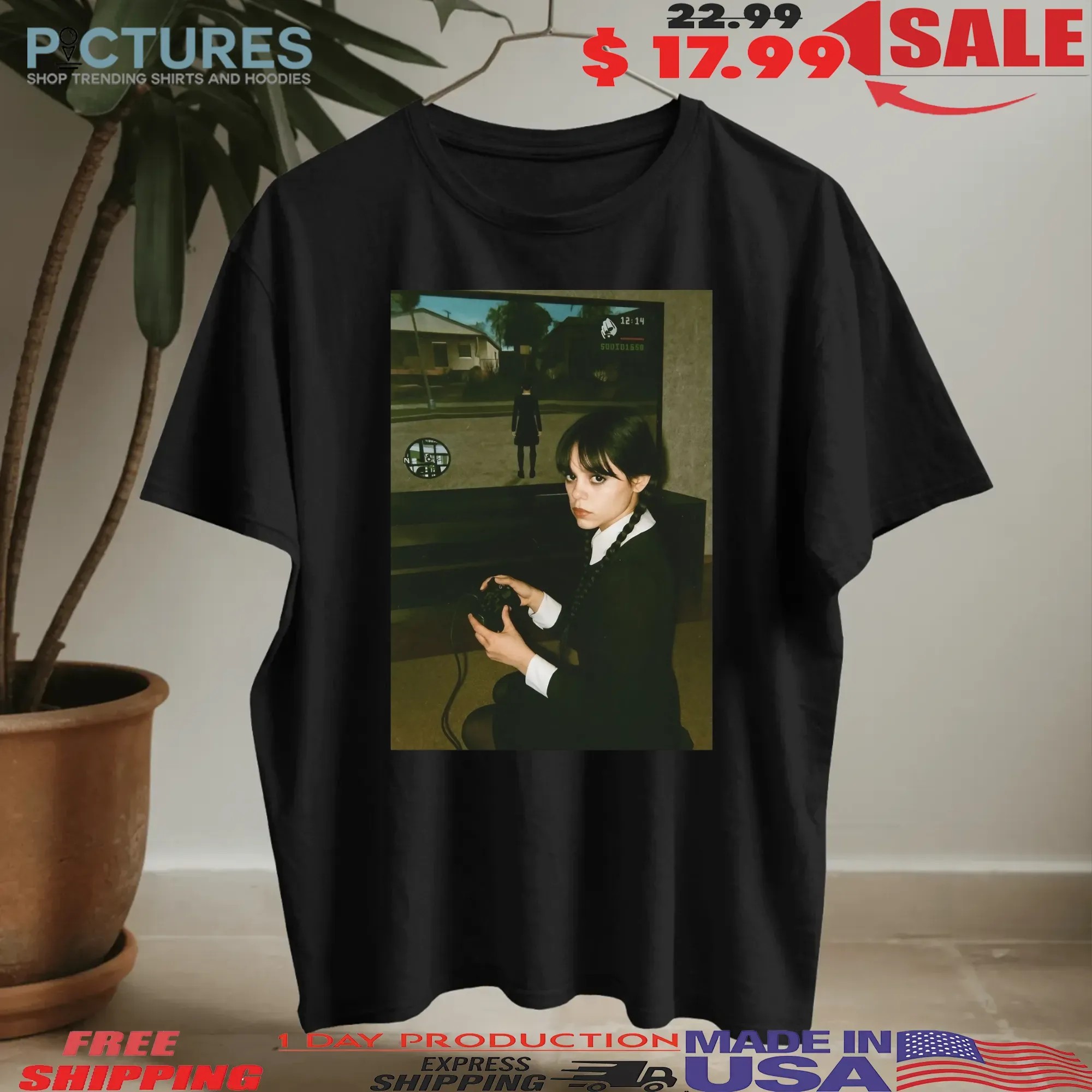 Wednesday Season 2 Addams Playing Video Games Jenna Ortega Gothic Gamer Parody GTA San Andreas Meme Halloween T Shirt
