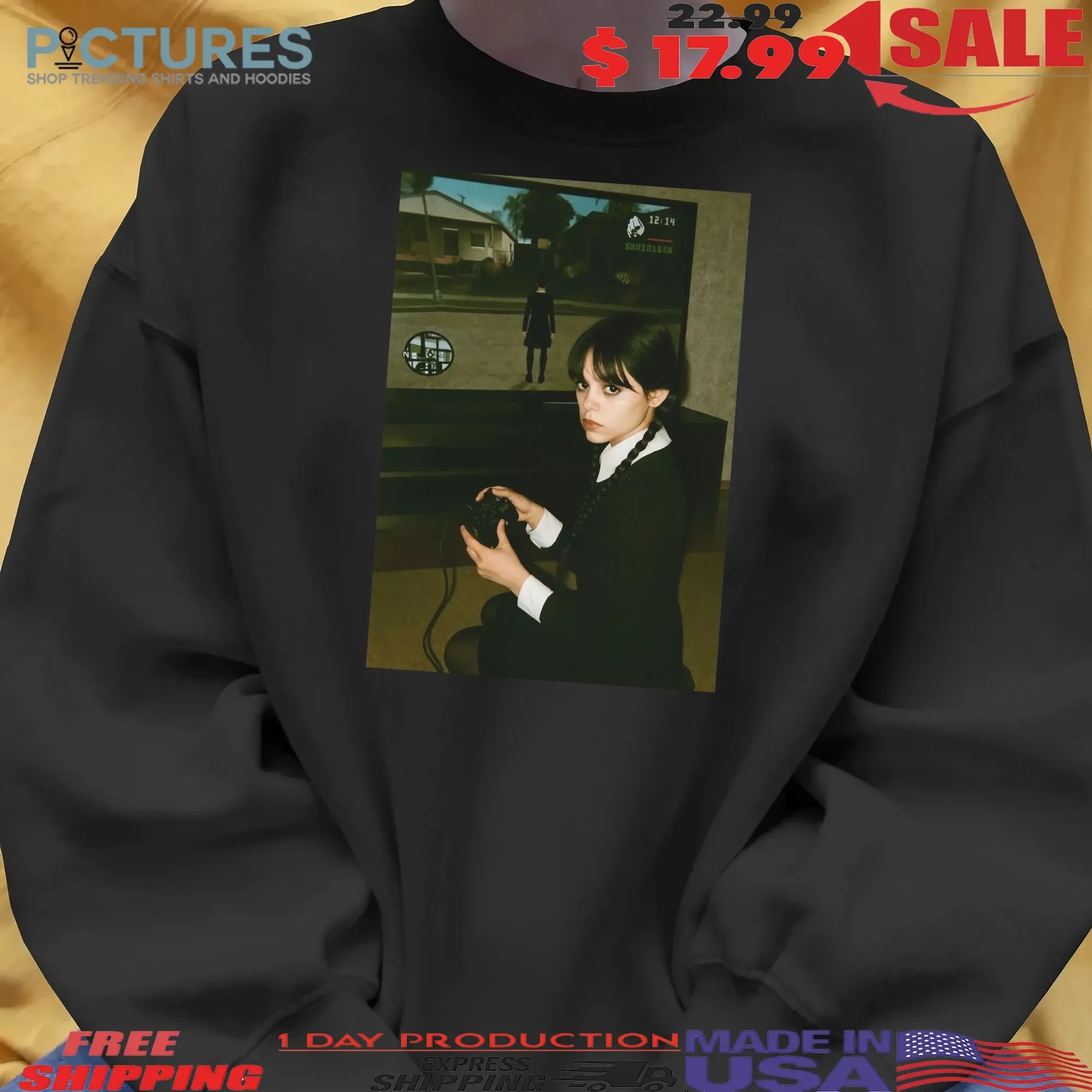 Wednesday Season 2 Addams Playing Video Games Jenna Ortega Gothic Gamer Parody GTA San Andreas Meme Halloween T Shirt