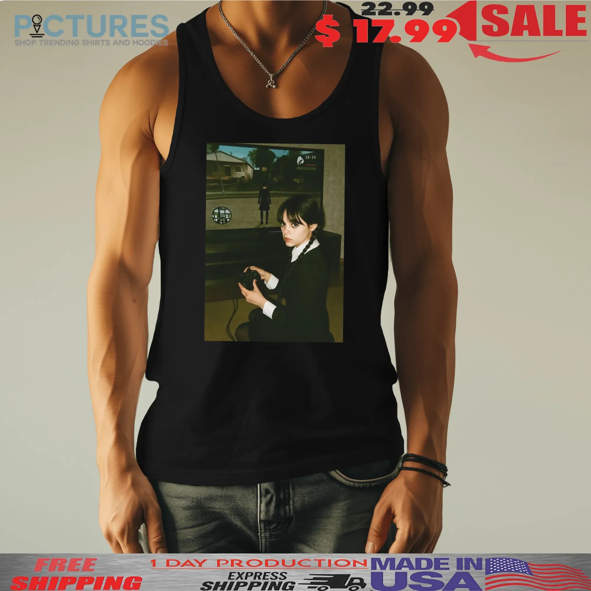 Wednesday Season 2 Addams Playing Video Games Jenna Ortega Gothic Gamer Parody GTA San Andreas Meme Halloween T Shirt