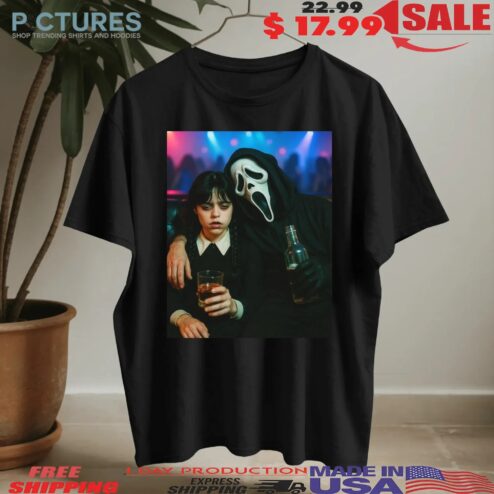 Wednesday Season 2 Addams and Ghostface SCREAM character Drinking Jenna Ortega Horror Parody Club Party Meme Halloween T Shirt