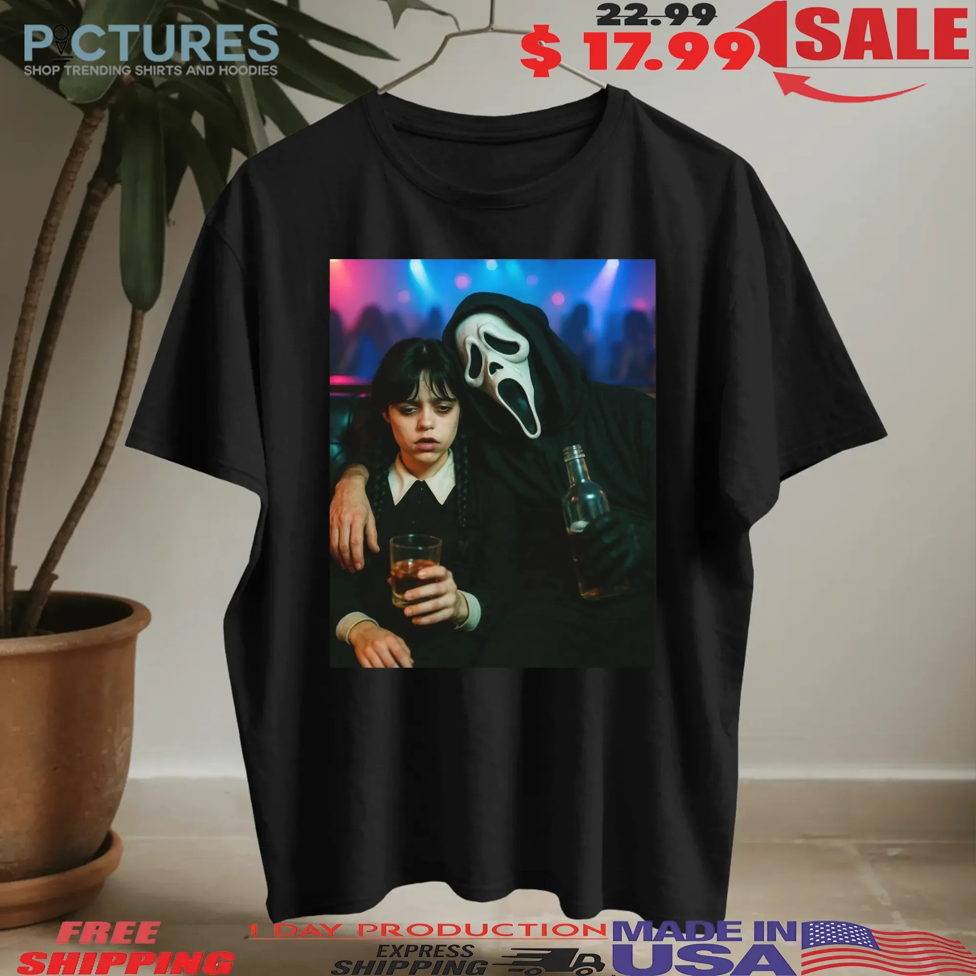 Wednesday Season 2 Addams and Ghostface SCREAM character Drinking Jenna Ortega Horror Parody Club Party Meme Halloween T Shirt