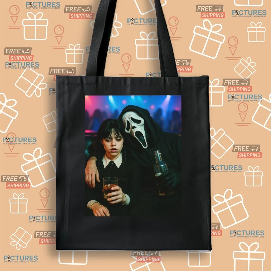 Wednesday Season 2 Addams and Ghostface SCREAM character Drinking Jenna Ortega Horror Parody Club Party Meme Halloween T Shirt