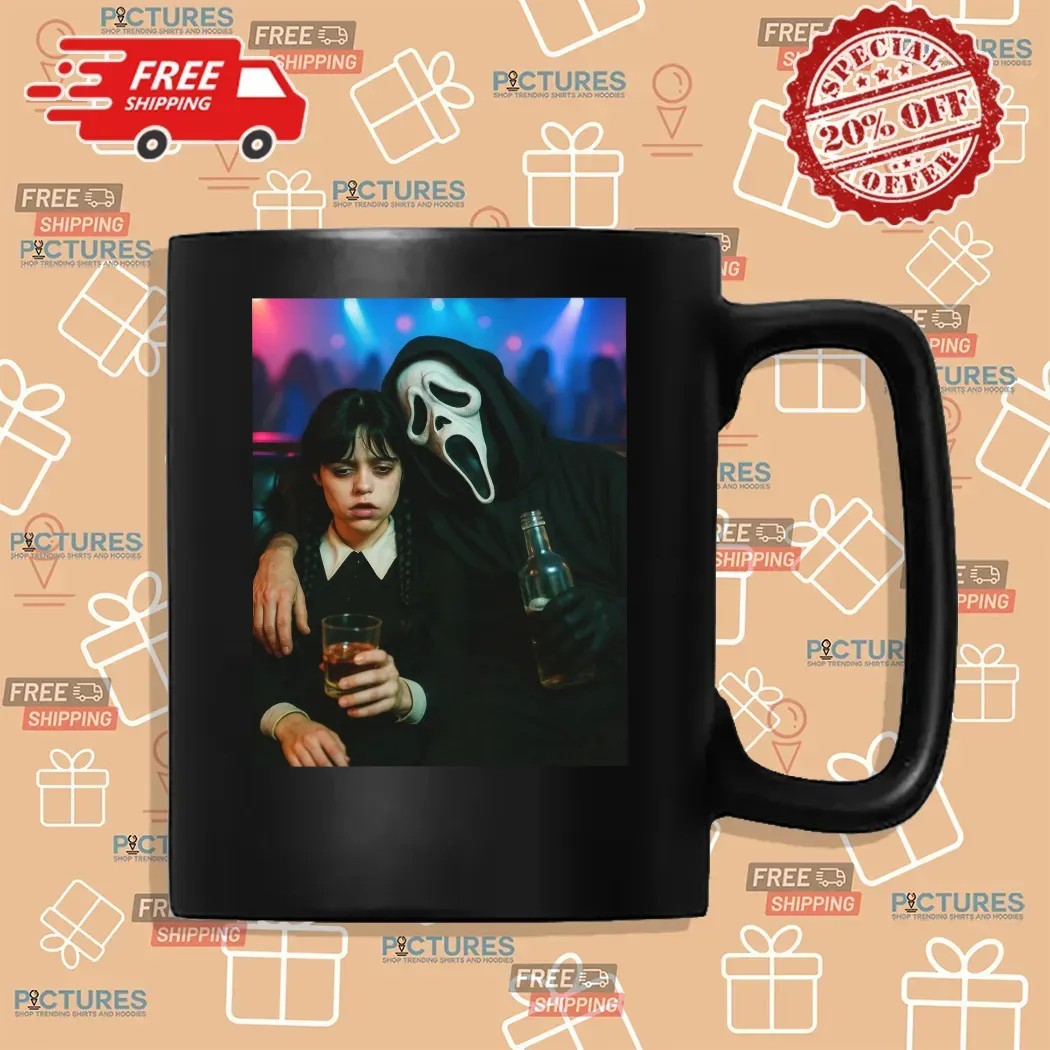Wednesday Season 2 Addams and Ghostface SCREAM character Drinking Jenna Ortega Horror Parody Club Party Meme Halloween T Shirt
