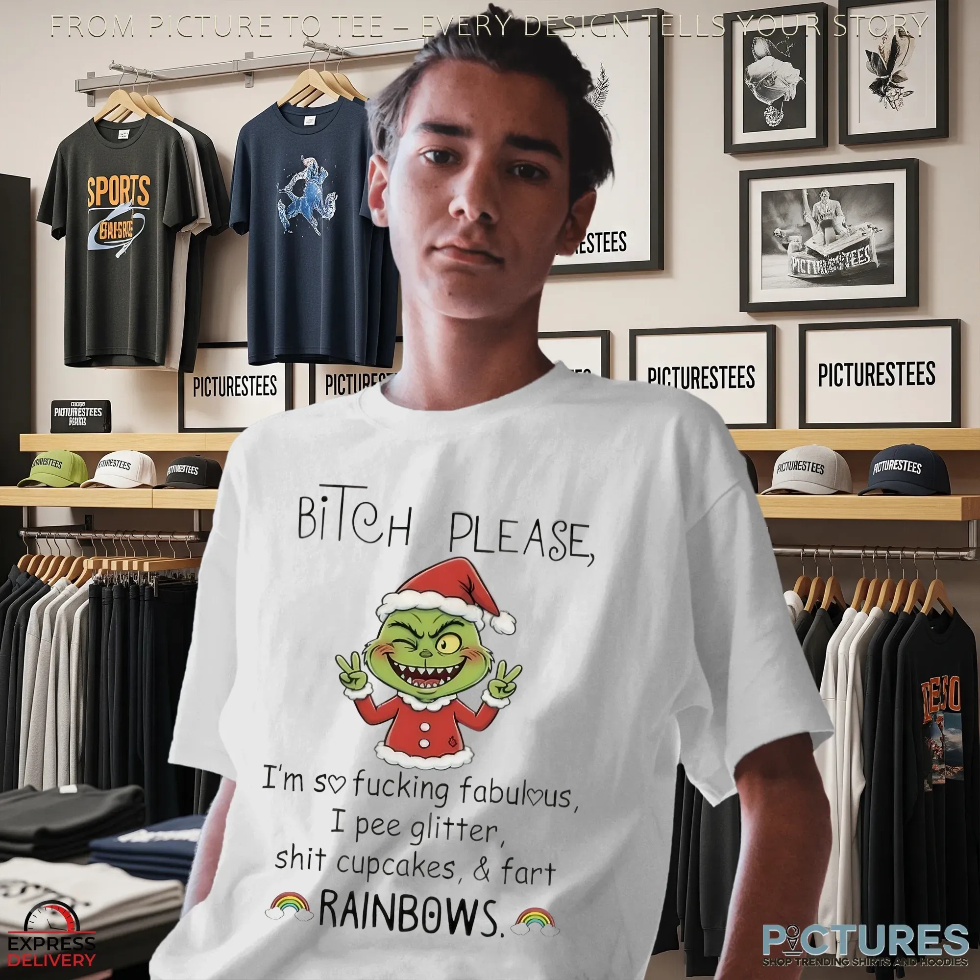 Baby Grinch Bitch Please I’m So Fucking Fabulous I Pee Glitter Rainbows Christmas T Shirt