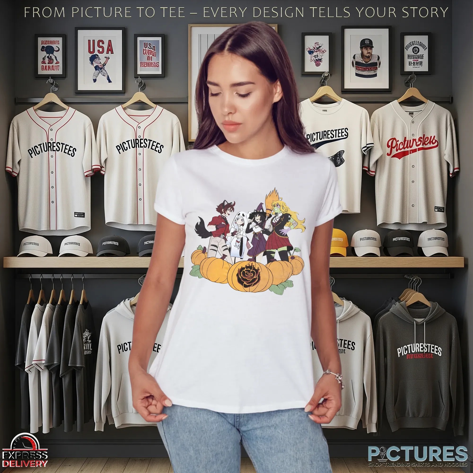 Bioworld RWBY Character Ruby Rose Weiss Schnee Blake Belladonna Yang Xiao Long Group Pumpkin Halloween T Shirt